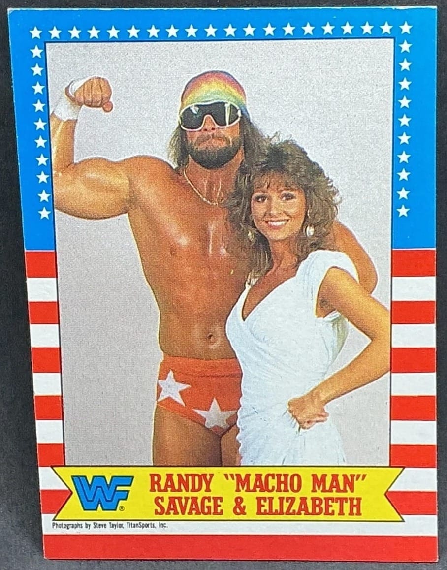 Randy "Macho Man" Savage and Elizabeth on their 1987 Topps card. The 1985 O-Pee-Chee is his first.