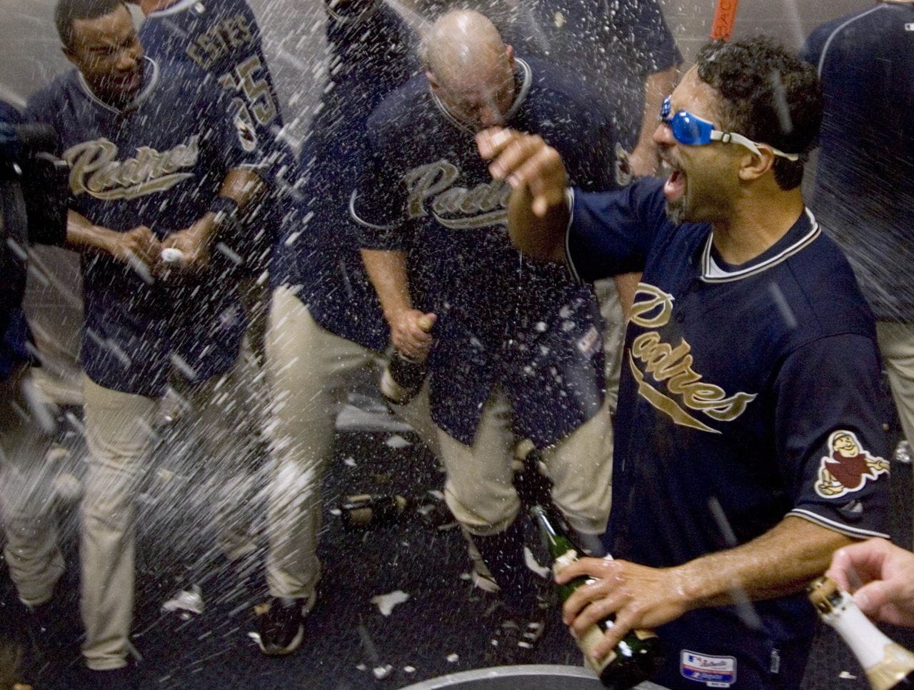The Padres celebrate the 2005 NL West title.