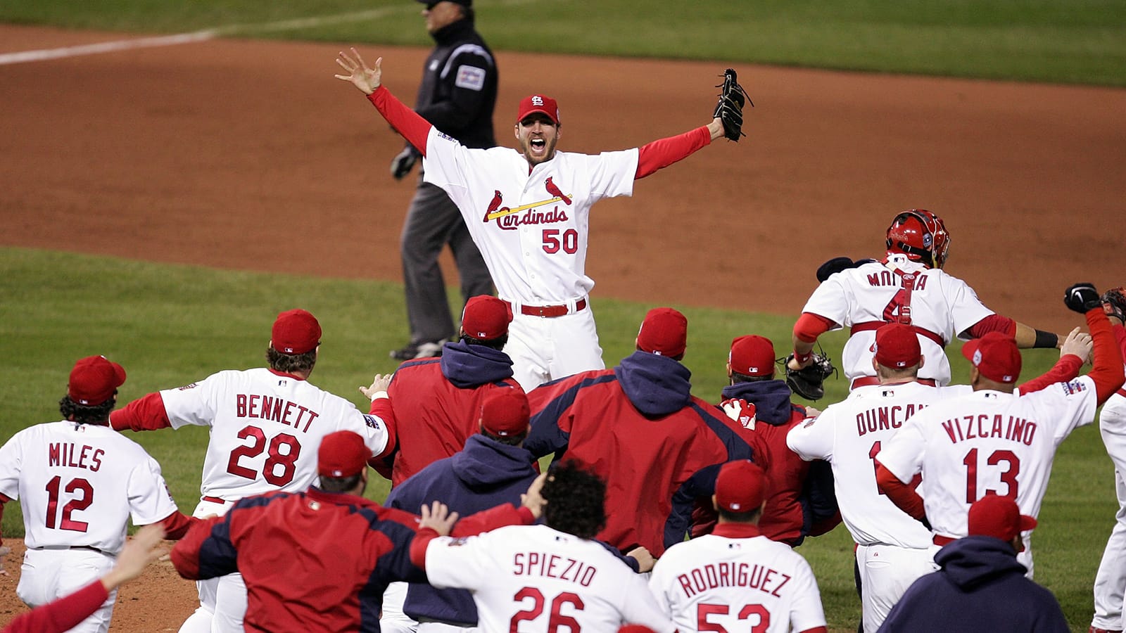 Adam Wainwright (50) after the final out of the 2006 World Series at Busch Stadium, Oct. 27, 2006.