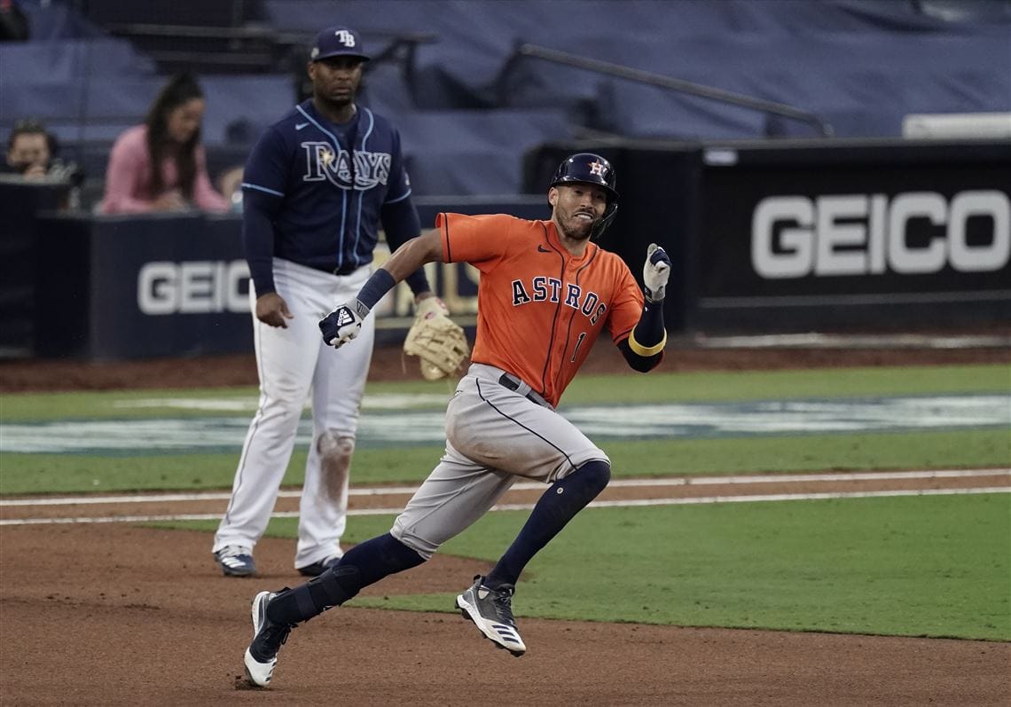 Carlos Correa rounds the bases against Tampa Bay in the 2020 ALCS at Petco Park.