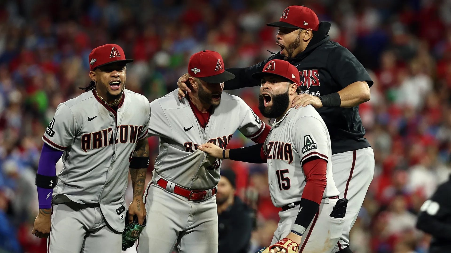 Ketel Marte (4) and the Diamondbacks celebrate at Citizens Bank Park during the 2023 NLCS.