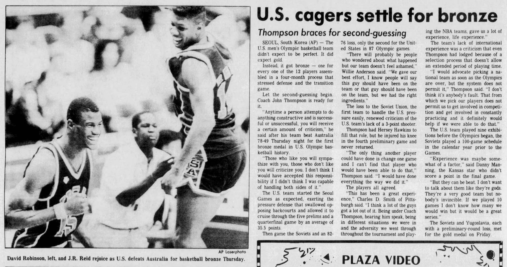 The Camarillo Star, Sept. 30, 1988. David Robinson and J.R. Reid after the bronze-medal win over Australia.