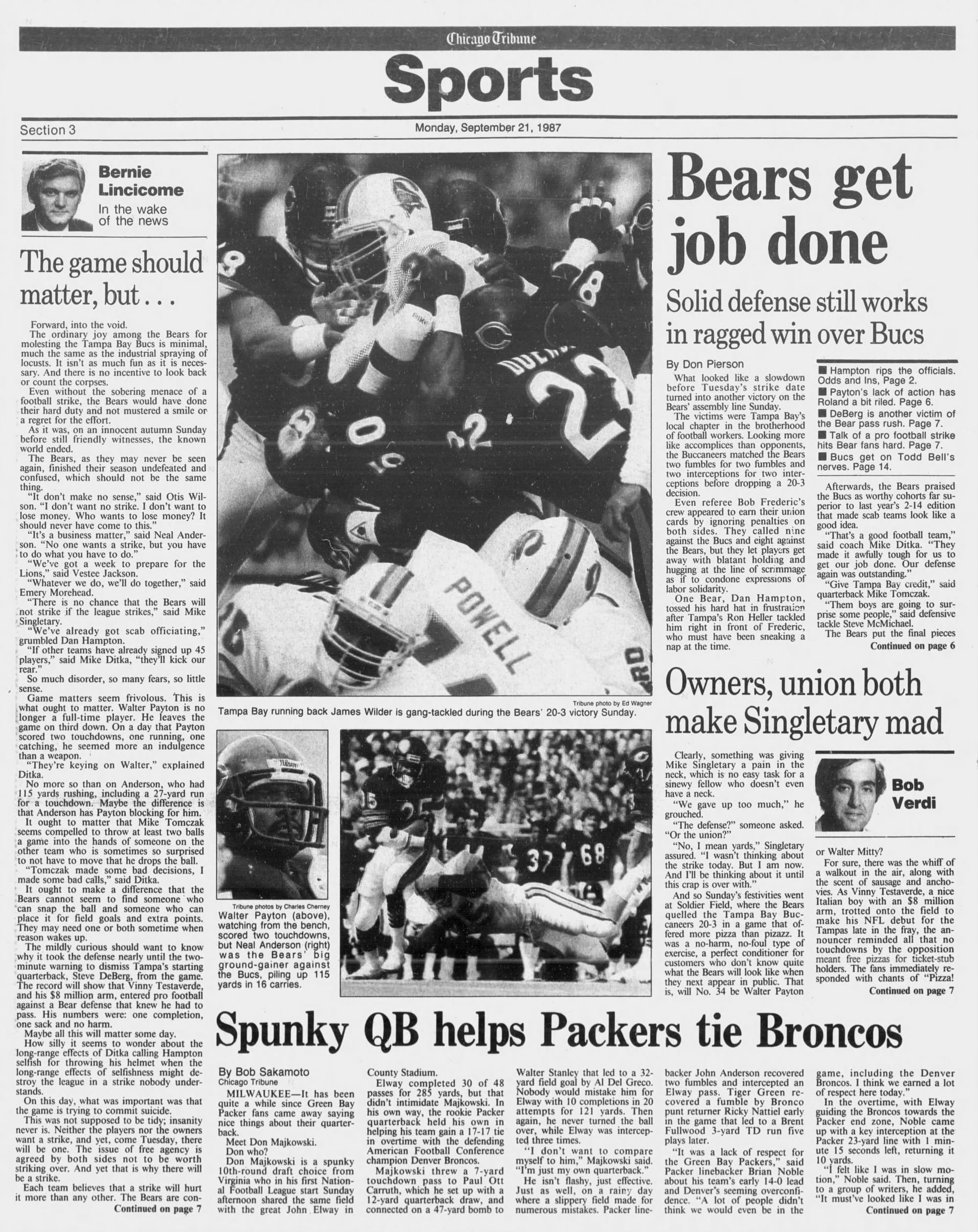 Chicago Tribune, Monday, Sept. 21, 1987. Don Pierson's game story, Bernie Lincicome and Bob Verdi on the coming strike, and a photograph of Walter Payton watching from the bench.