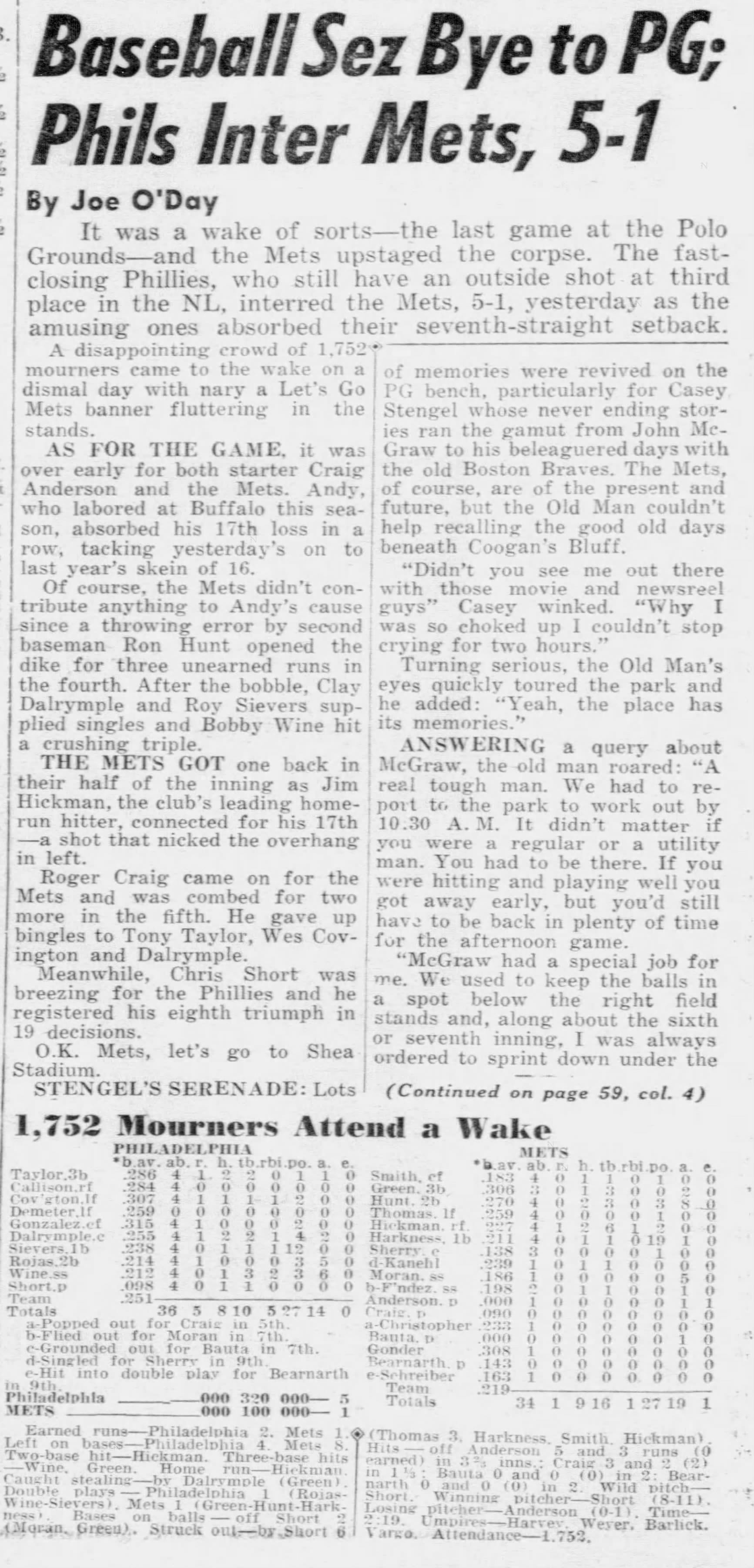 New York Daily News, Sept. 19, 1963. Joe O'Day's game story and the box score — attendance 1,752, time of game 2:19.