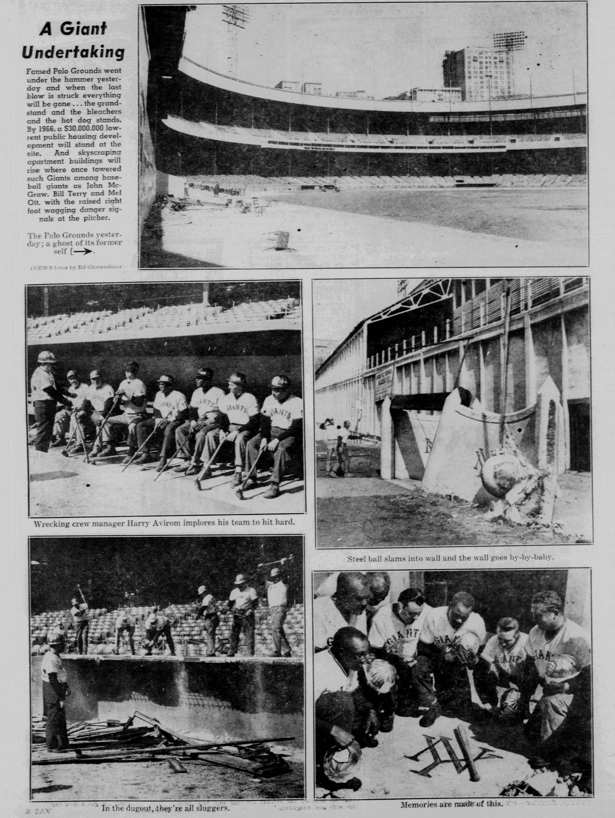 New York Daily News, April 11, 1964. The demolition crew posed in Giants jerseys; the steel ball was painted to look like a baseball.
