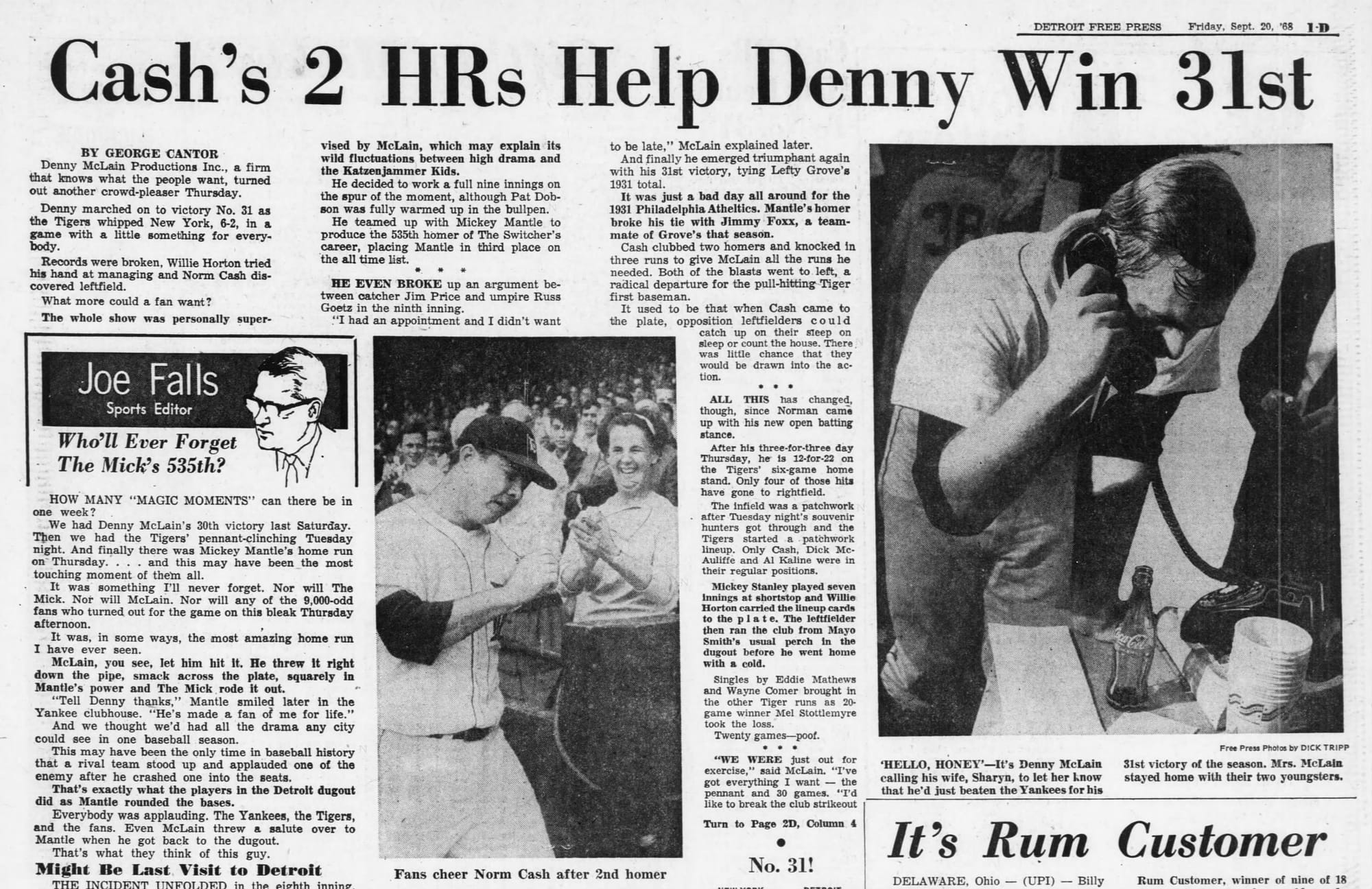Detroit Free Press, Friday, Sept. 20, 1968. George Cantor's game story, Joe Falls' column on the Mantle home run, and a photo of McLain phoning his wife Sharyn to tell her he'd won No. 31.