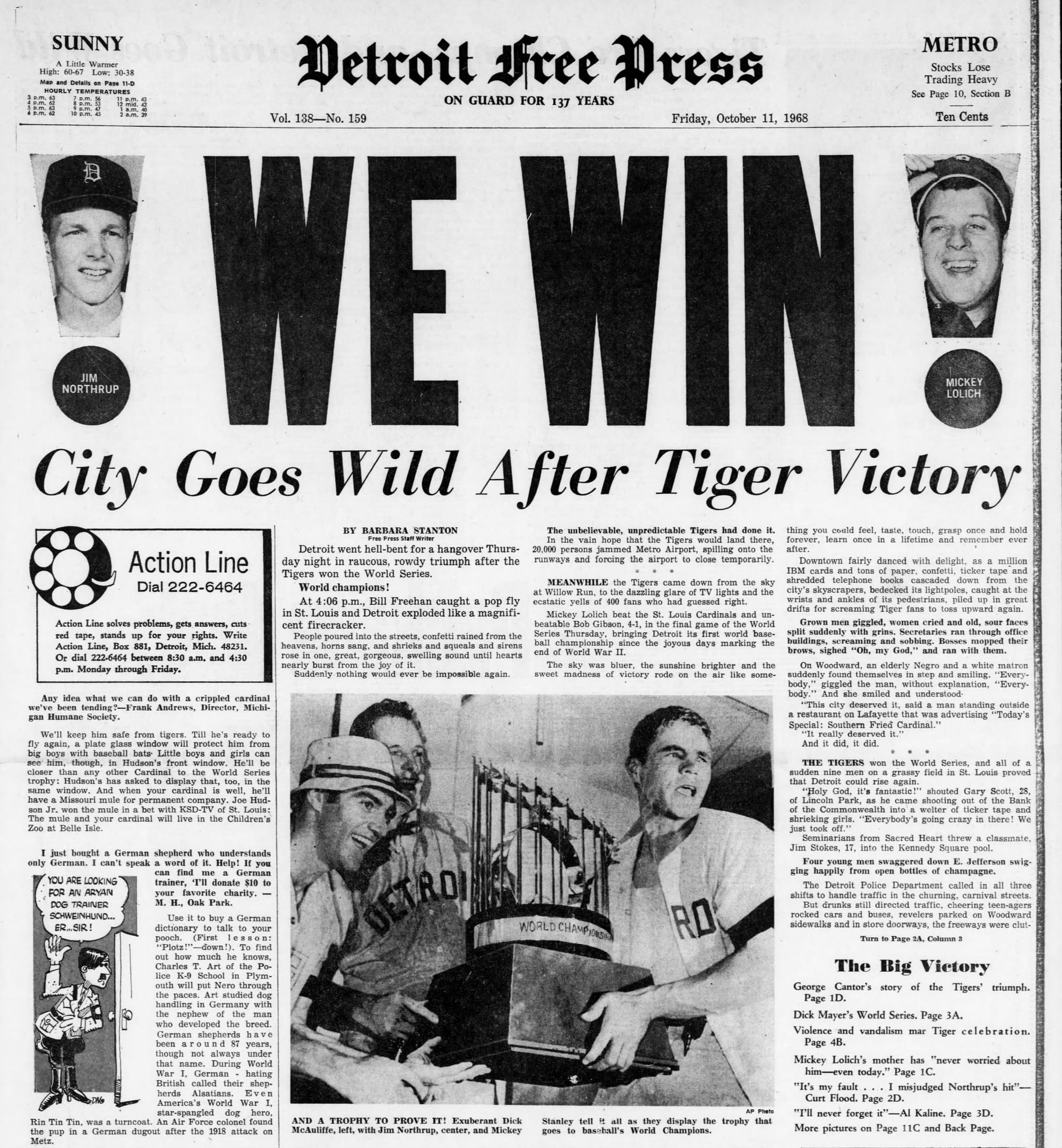 Detroit Free Press, Oct. 11, 1968. Barbara Stanton's story ran under the headline "City Goes Wild After Tiger Victory."