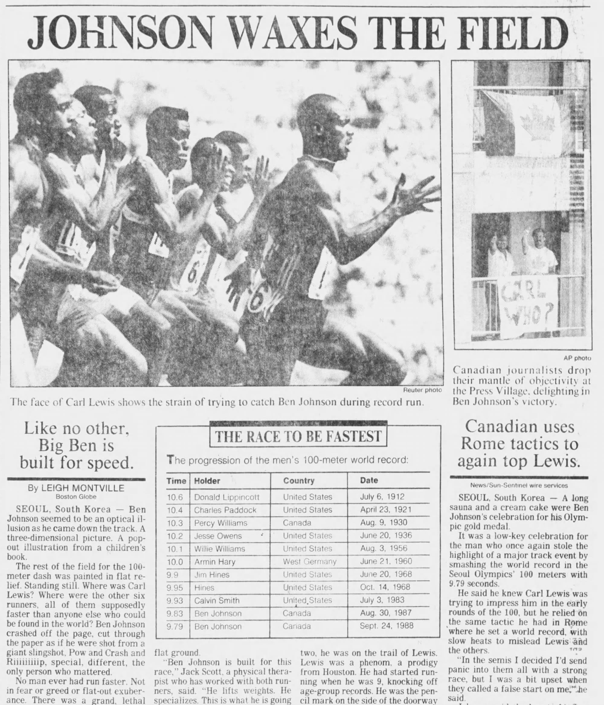 Sept. 25, 1988. The next-day page carried the entire progression of the 100-meter world record, ending with Johnson’s 9.79.