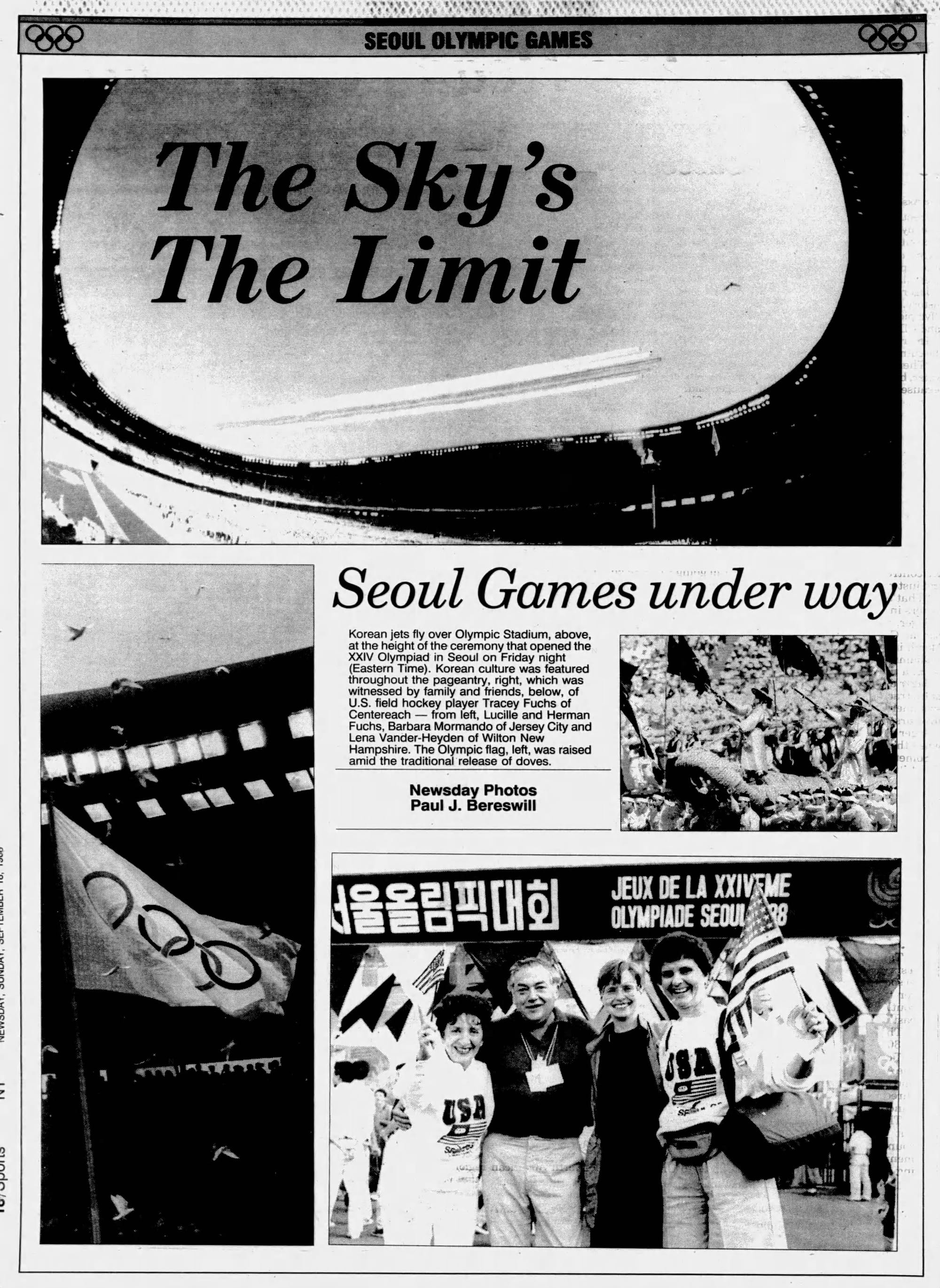 Newsday, Sept. 18, 1988. The caption notes that the Olympic flag was raised “amid the traditional release of doves” — the birds are visible around it.