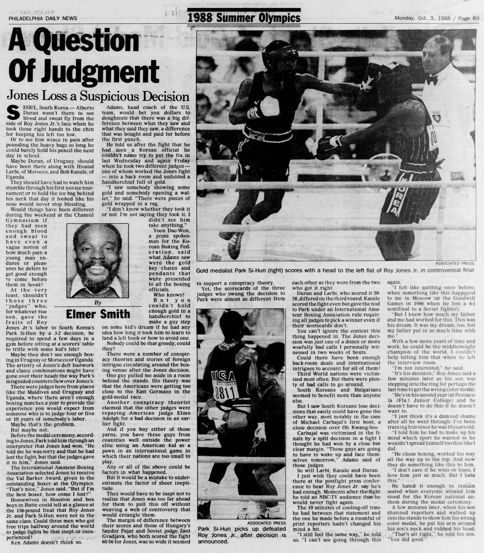 The Philadelphia Daily News, Oct. 3, 1988 — where Jones first said that Park had apologized to him. The lower photo is Park picking Jones up off the canvas after the decision.