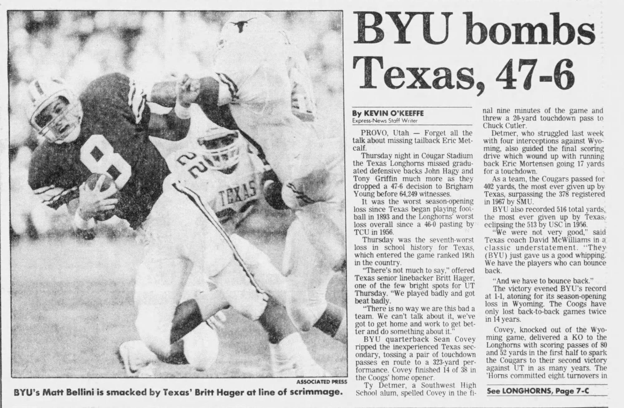 The San Antonio Express-News, Sept. 9, 1988. The story opens: “Forget all the talk about missing tailback Eric Metcalf.”