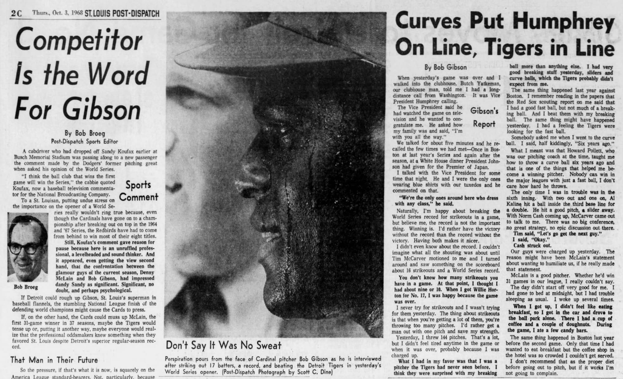 St. Louis Post-Dispatch, Oct. 3, 1968 — Bob Broeg's column, a photograph of Gibson soaked through after the game, and Gibson's own first-person account of the 17 strikeouts.