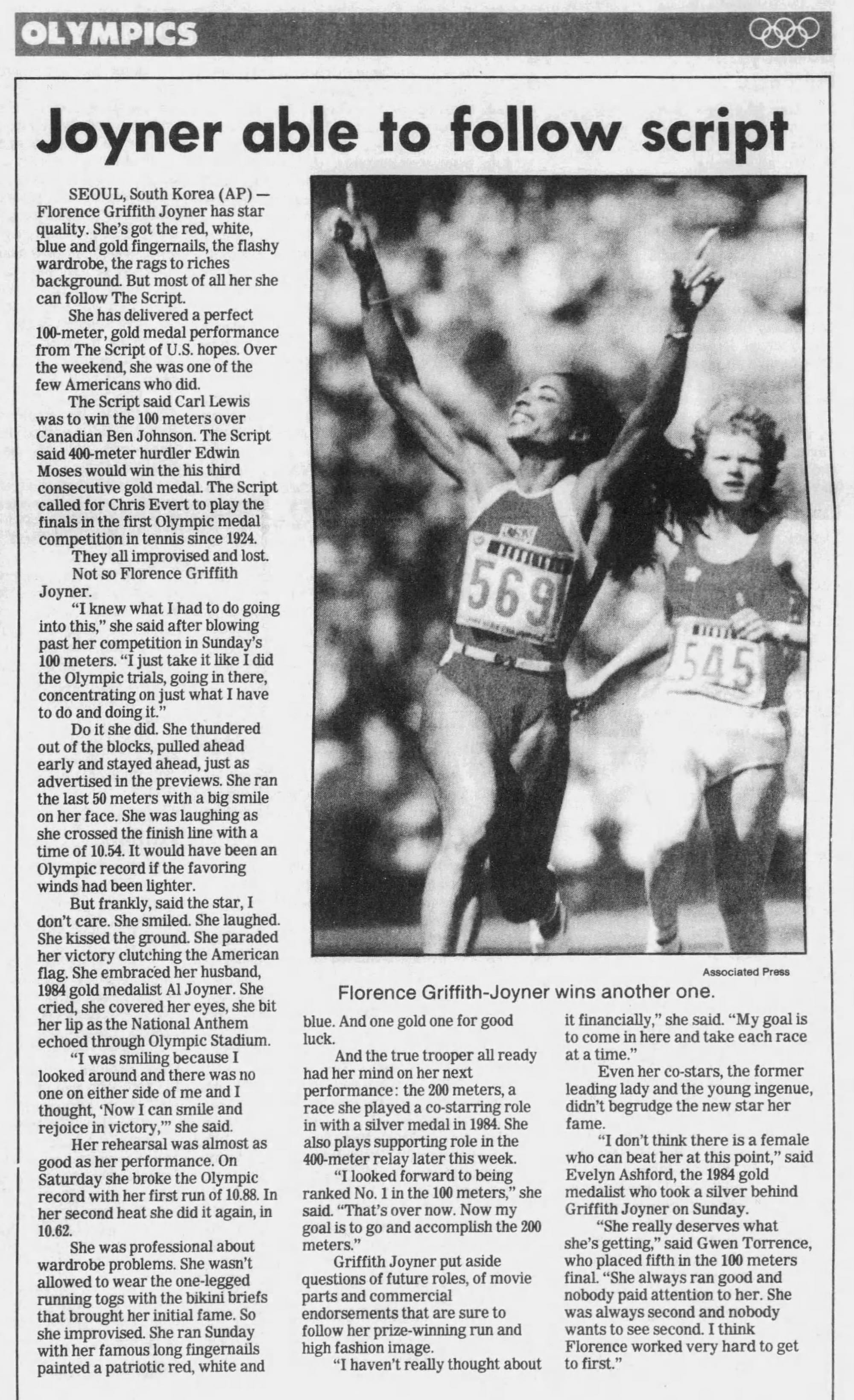 The Billings Gazette, Sept. 26, 1988. Even the next-day story notes the 10.54 “would have been an Olympic record if the favoring winds had been lighter.”