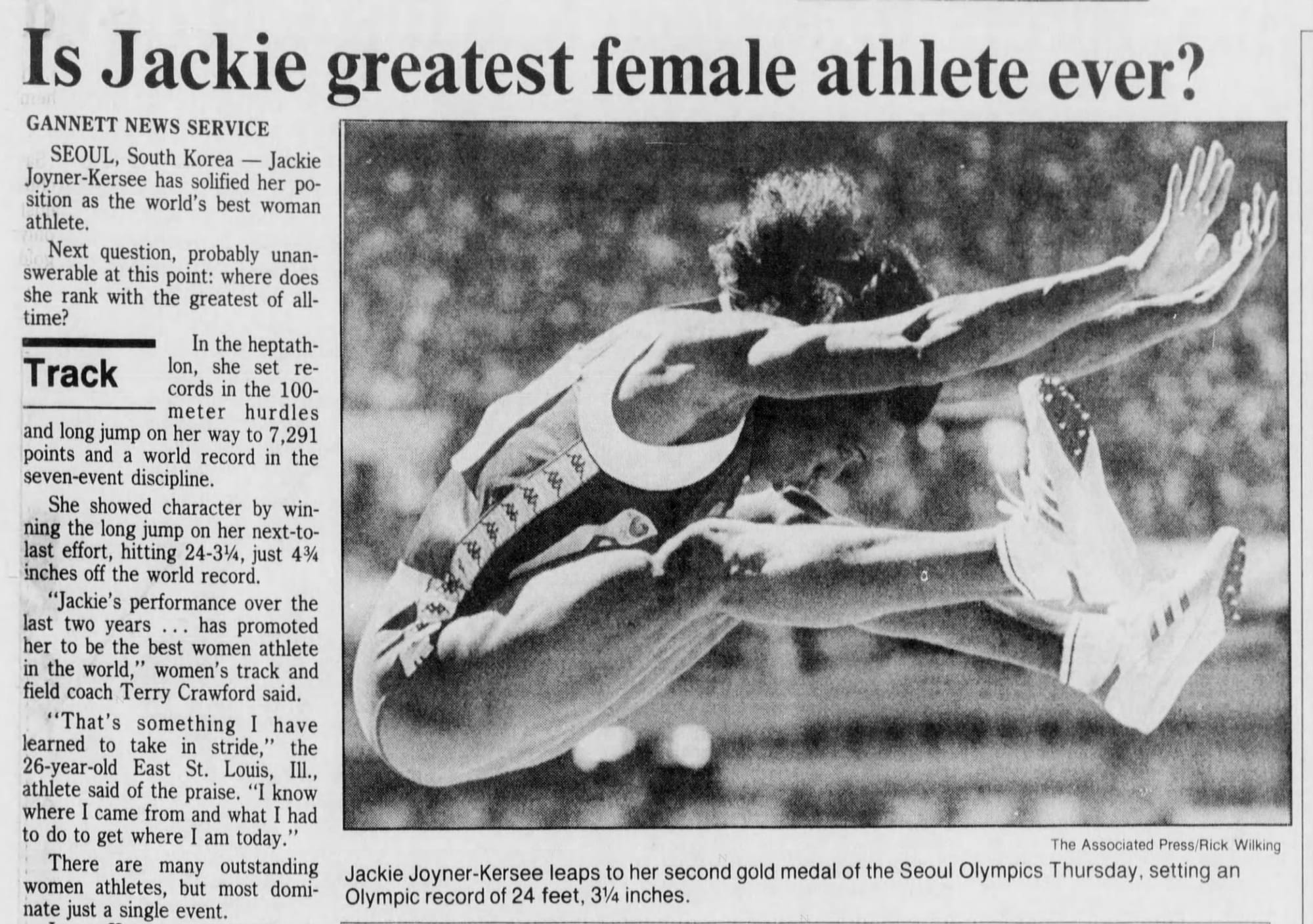 The Cincinnati Enquirer, Sept. 30, 1988. Joyner-Kersee’s long jump, photographed by the AP’s Rick Wilking.