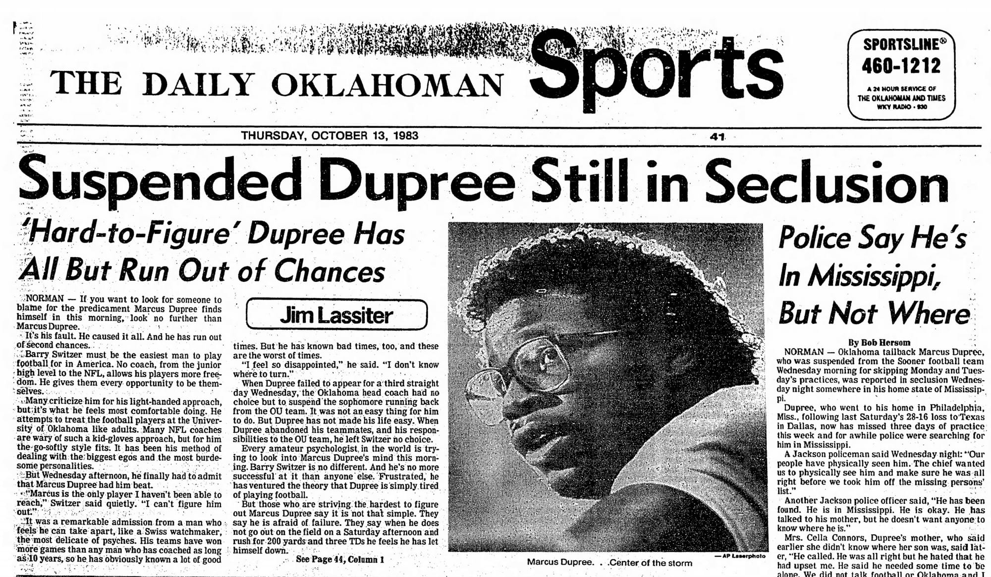 The Daily Oklahoman, Oct. 13, 1983. “Suspended Dupree Still in Seclusion” — and, in the right-hand column, the police looking for him in Mississippi.