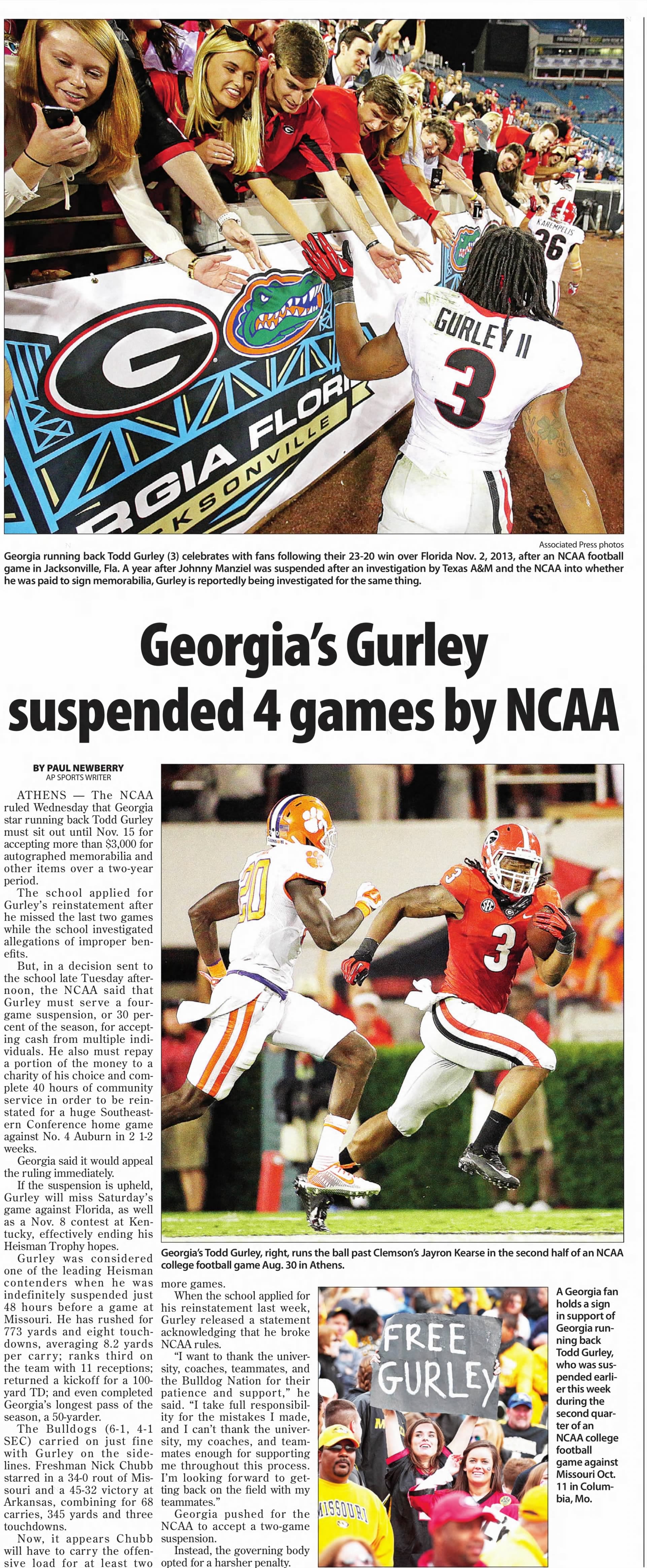 Oct. 30, 2014 — the NCAA ruling, and a “FREE GURLEY” sign in the stands at Missouri.