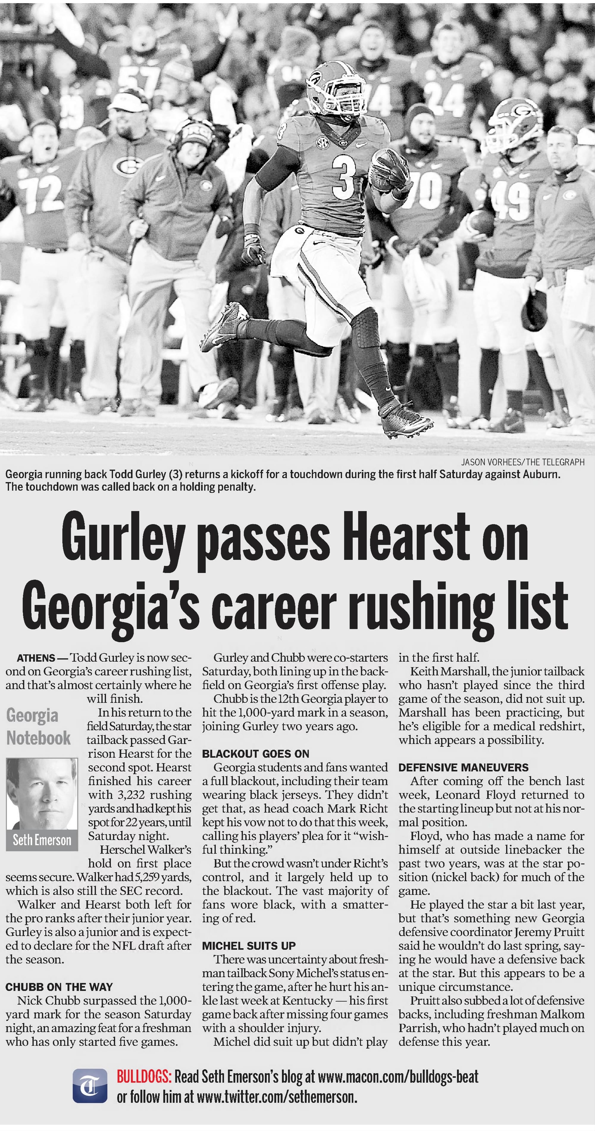 The Macon Telegraph the next morning, still writing about the comeback rather than the knee. He had also returned a kickoff for a touchdown in that game; it was called back for holding.