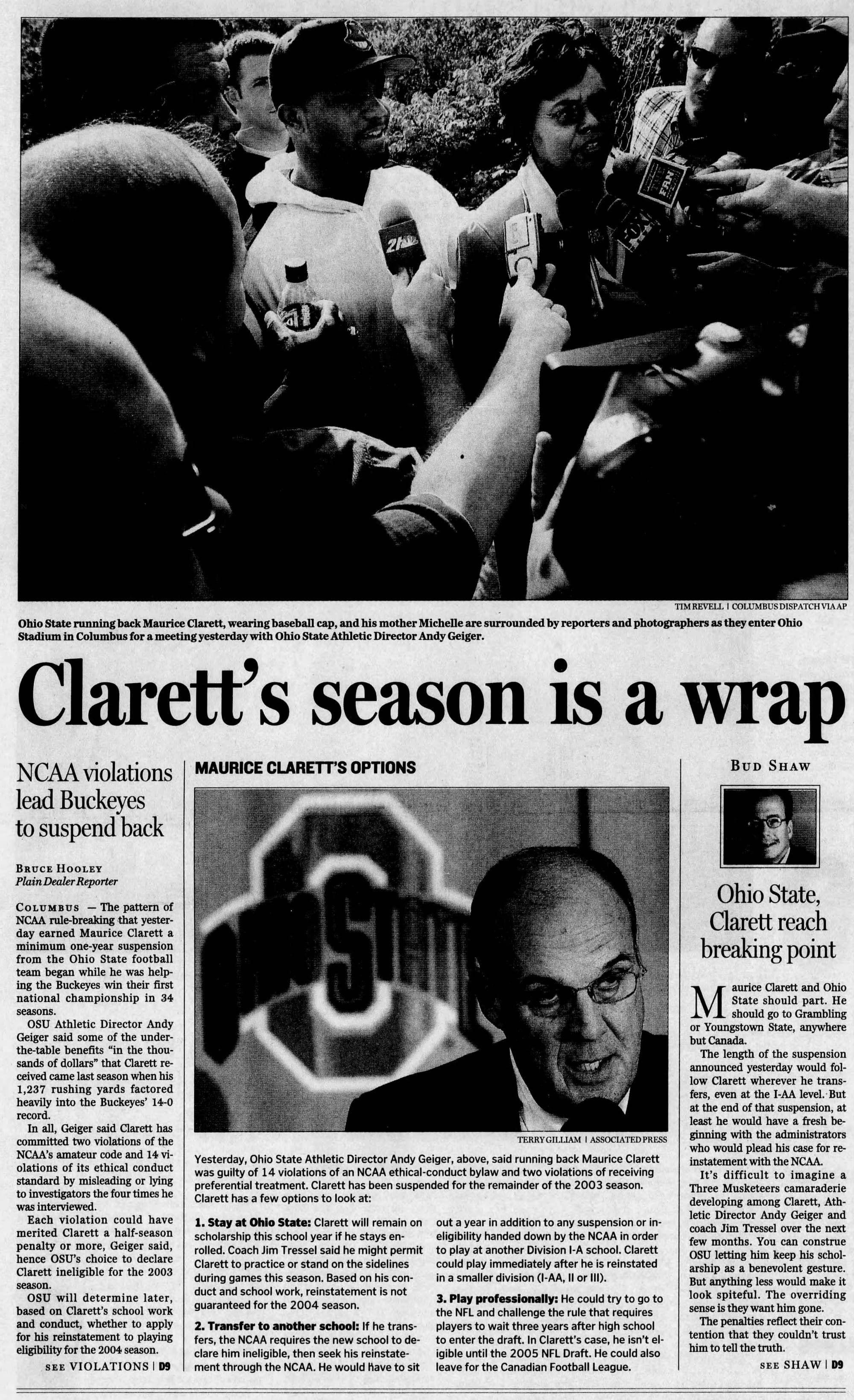 The Plain Dealer, Sept. 11, 2003. Clarett and his mother, Michelle, arriving at Ohio Stadium to meet the athletic director.