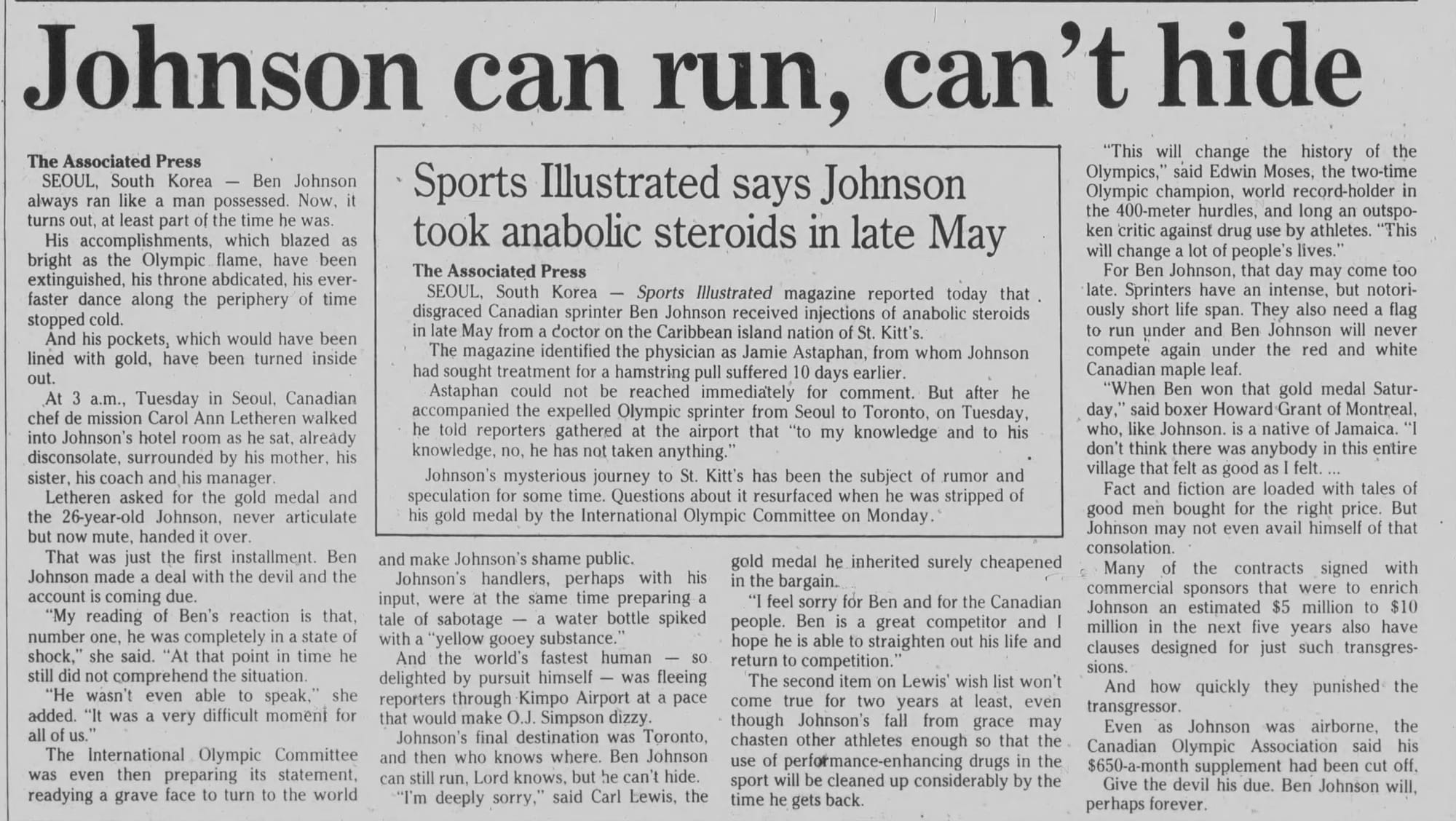 The Santa Fe New Mexican, Sept. 28, 1988 — which, being an American paper, says the IOC stripped him “on Monday.”