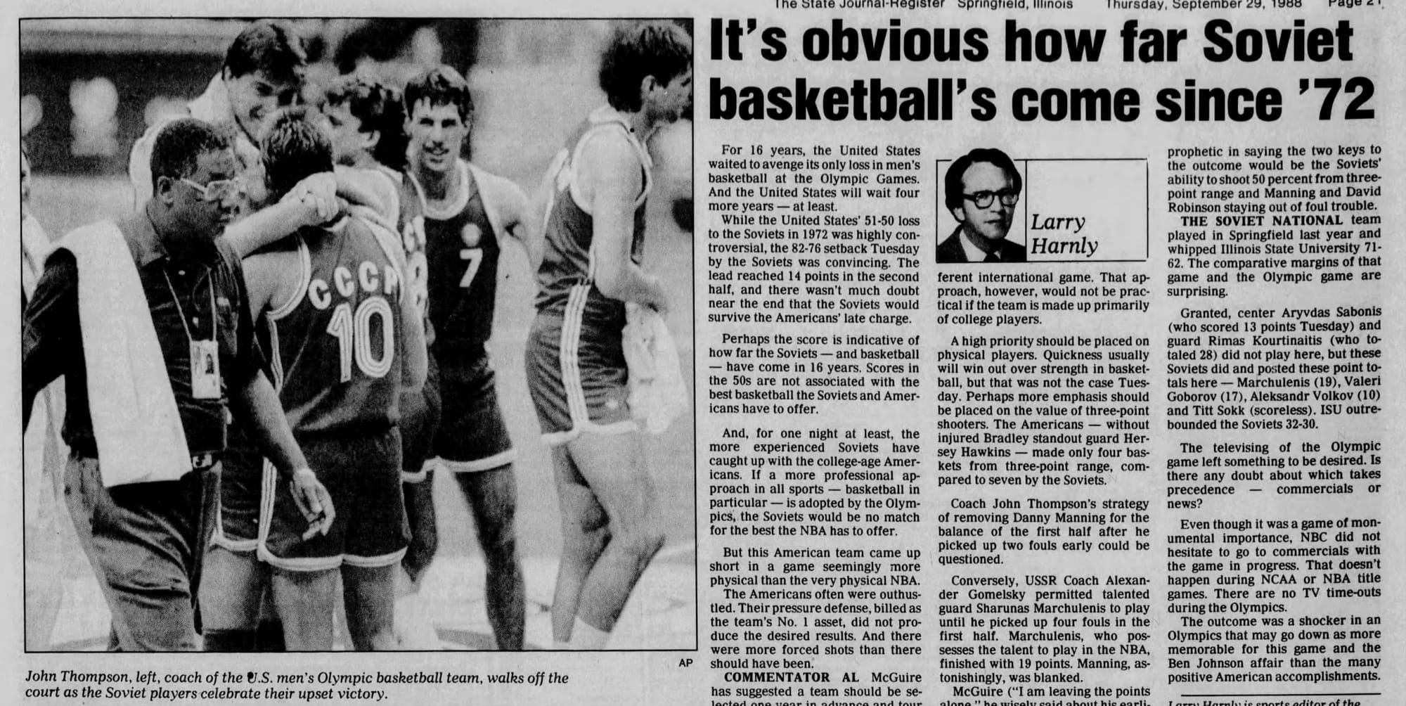 The State Journal-Register, Springfield, Ill., Sept. 29, 1988. John Thompson walks off as the Soviets celebrate.