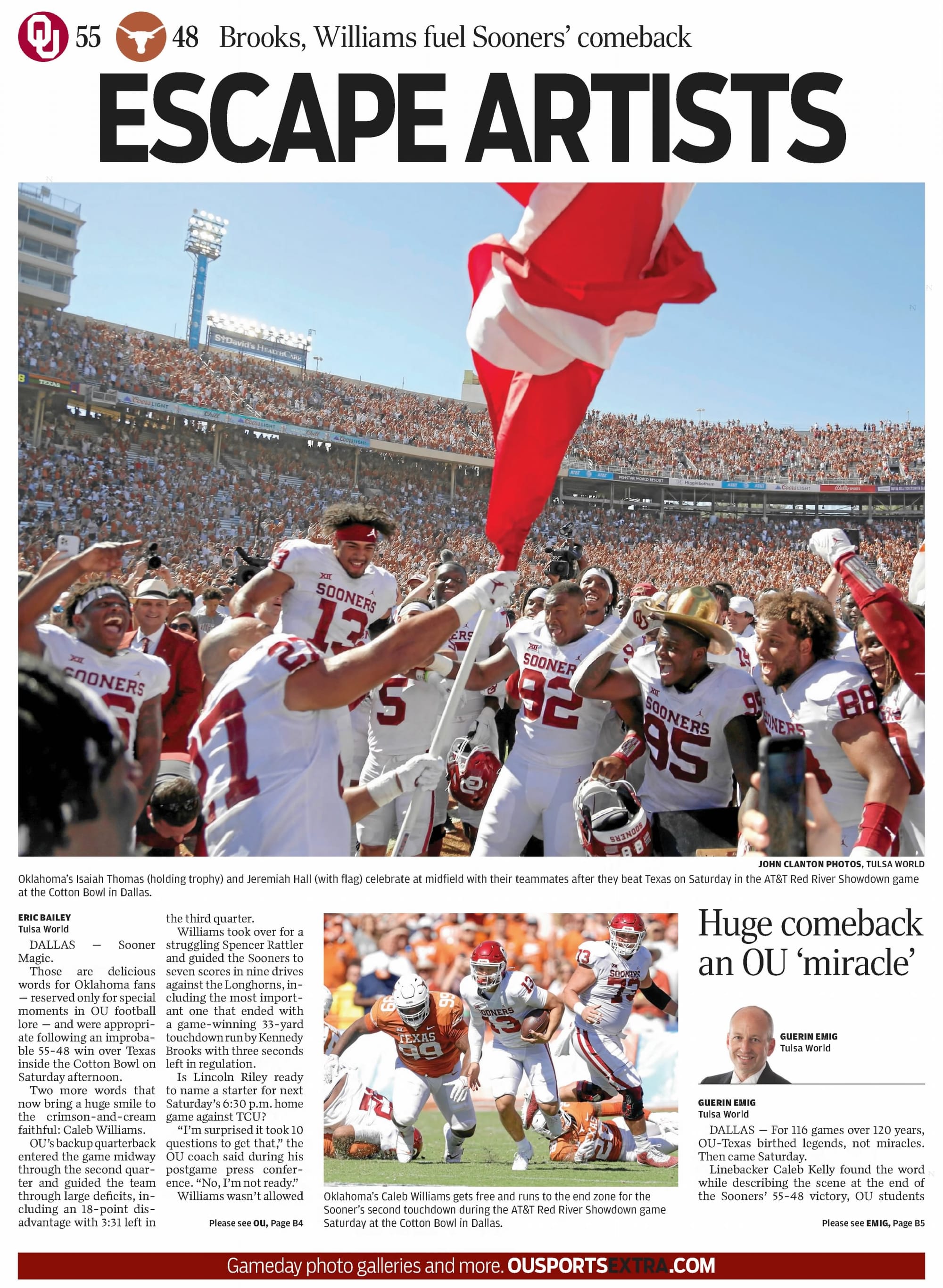 The Tulsa World, Oct. 10, 2021. Oklahoma won the game 55-48 behind the freshman who had replaced him.