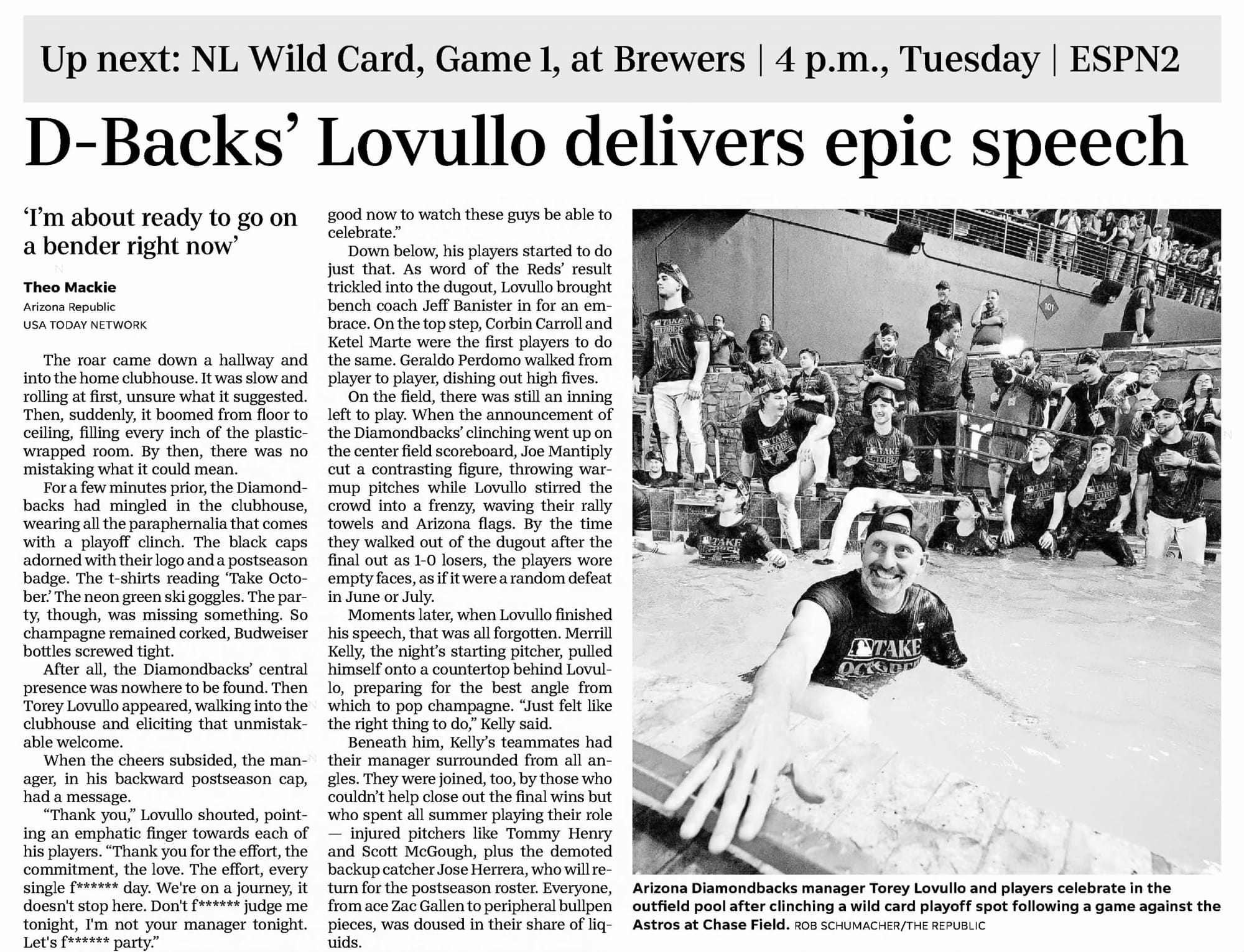 Arizona Republic, Oct. 2, 2023: "D-Backs' Lovullo delivers epic speech." Torey Lovullo in the outfield pool at Chase Field.