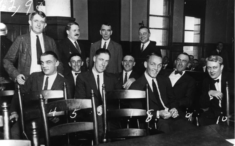 The players with their lawyers at the 1921 trial. Seated from left: Chick Gandil, Lefty Williams, Swede Risberg, Eddie Cicotte, Buck Weaver and Joe Jackson.