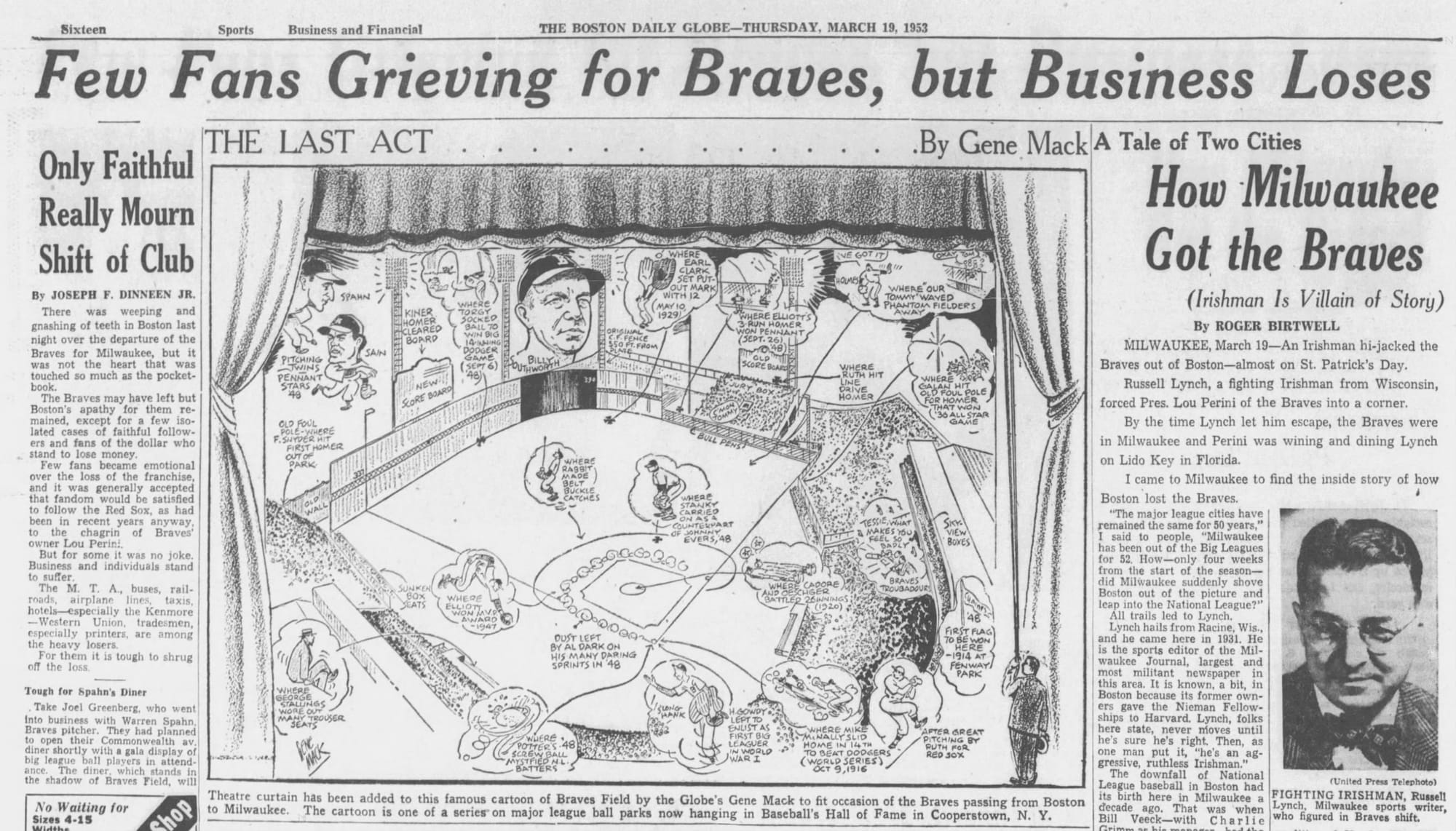 Boston Evening Globe, March 19, 1953: "Few Fans Grieving for Braves, but Business Loses."