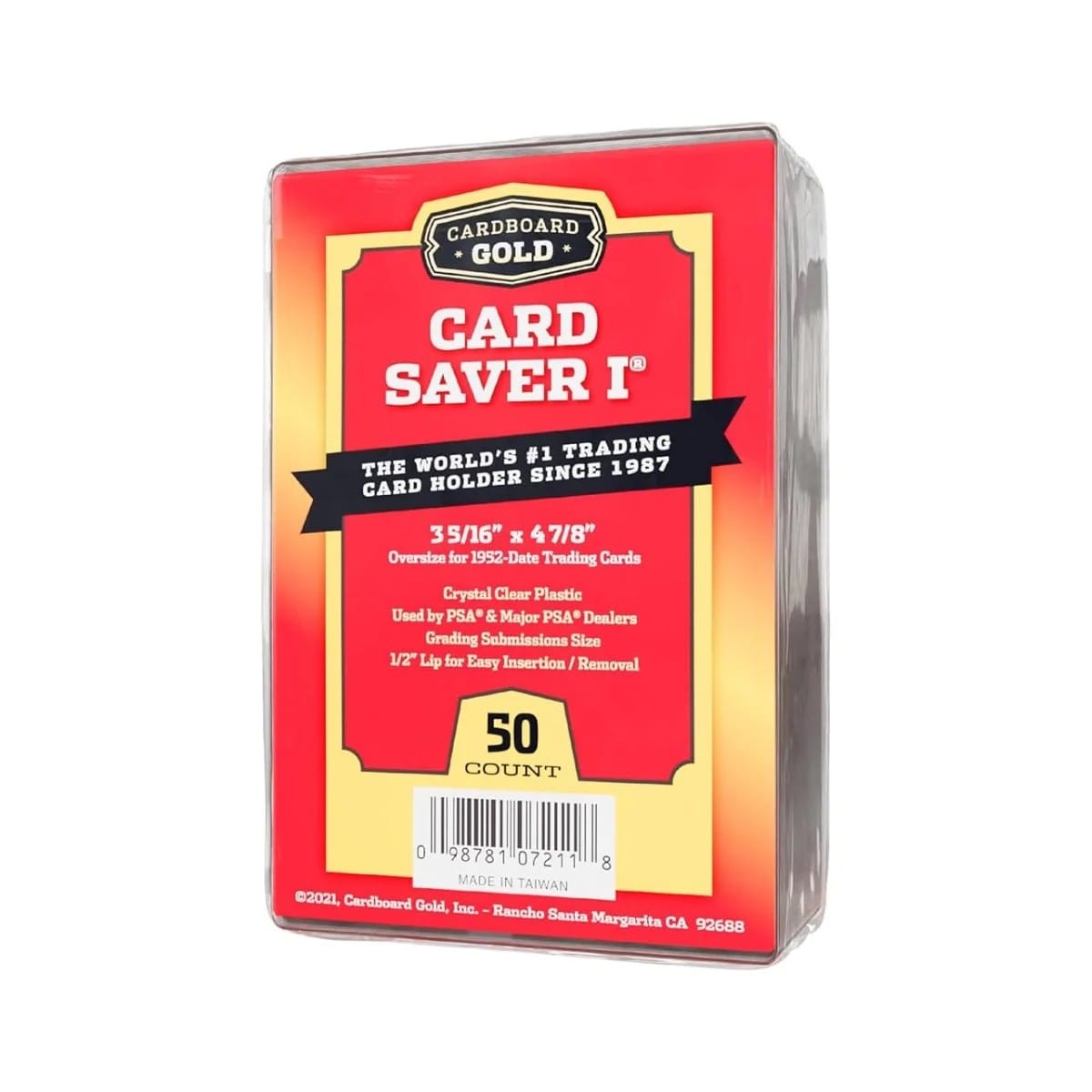 A 50-pack of Card Saver 1. The label says it: 3 5/16 by 4 7/8, grading submission size, half-inch lip.