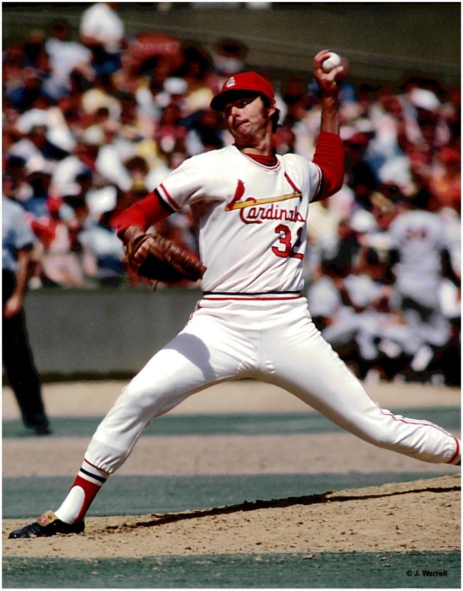 Carlton pitching for St. Louis in the early 1970s. Photo: J. Warren.