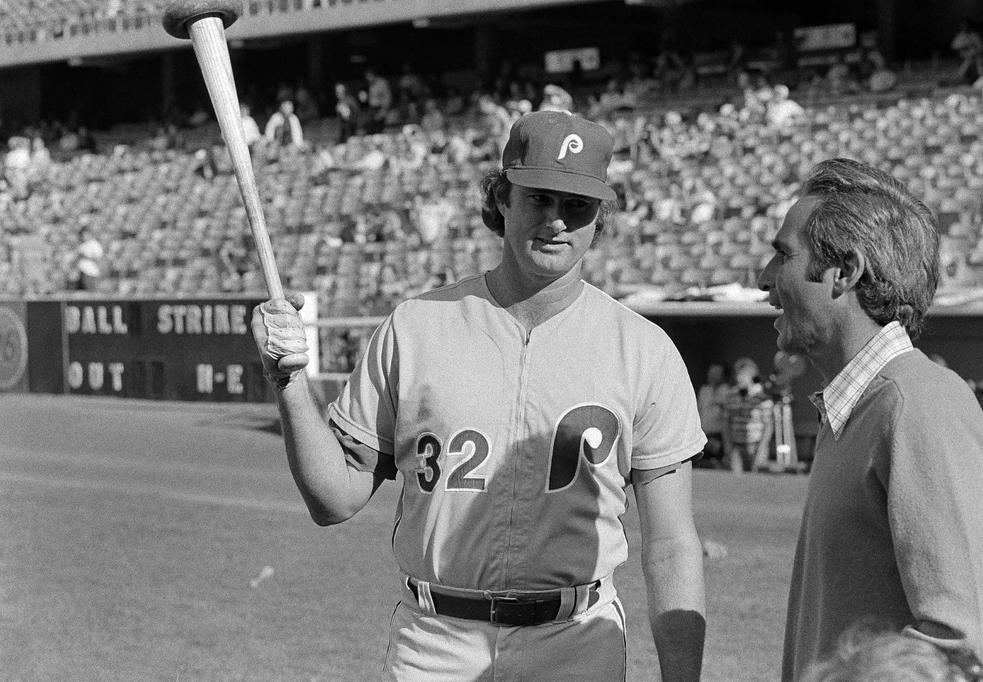 Carlton with a bat before a Phillies game in the 1970s.