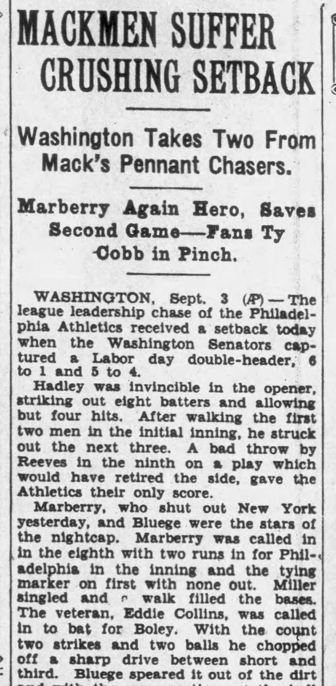 “Fans Ty Cobb in Pinch” — the Chattanooga Daily Times, Sept. 4, 1928. The headline went to the nightcap strikeout; the final hit sat in the box score.