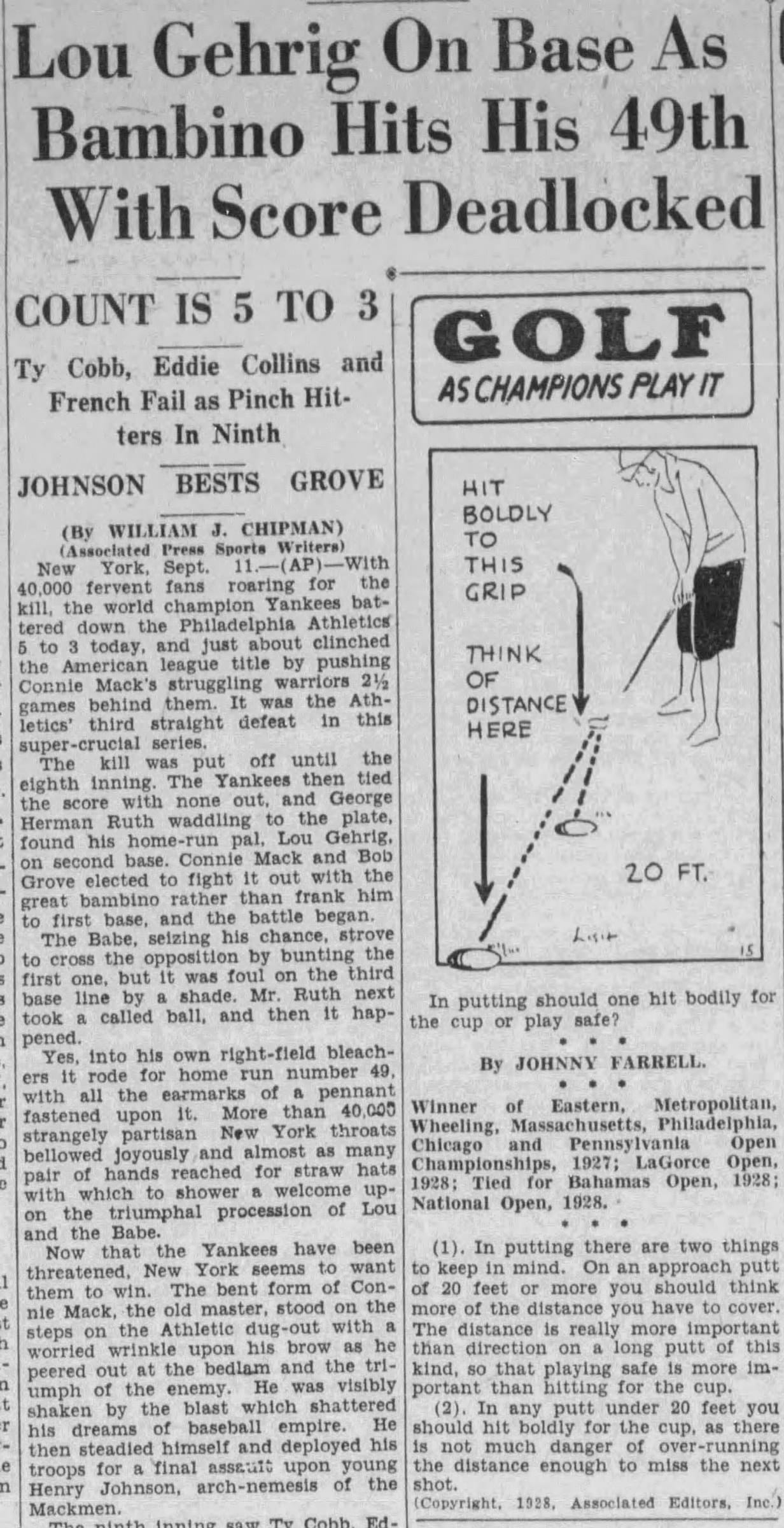 The end of the greatest hitting career ever, in a subhead: “Ty Cobb, Eddie Collins and French Fail as Pinch Hitters in Ninth” — Sept. 12, 1928. The headline belonged to Ruth's 49th.