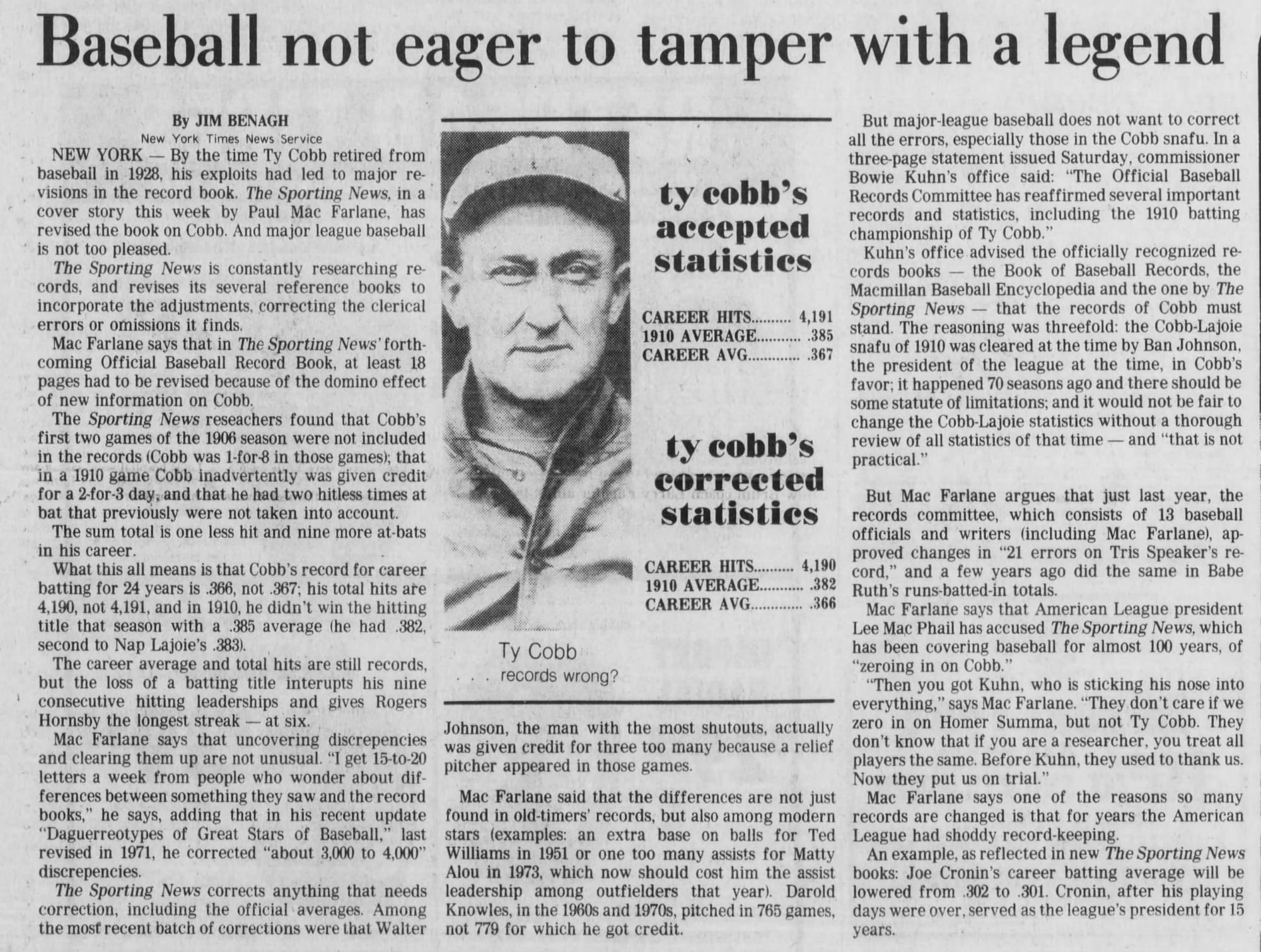 “Baseball not eager to tamper with a legend” — April 1981, as the Palmer correction hit the wires. Note the dueling “accepted” and “corrected” stat boxes.