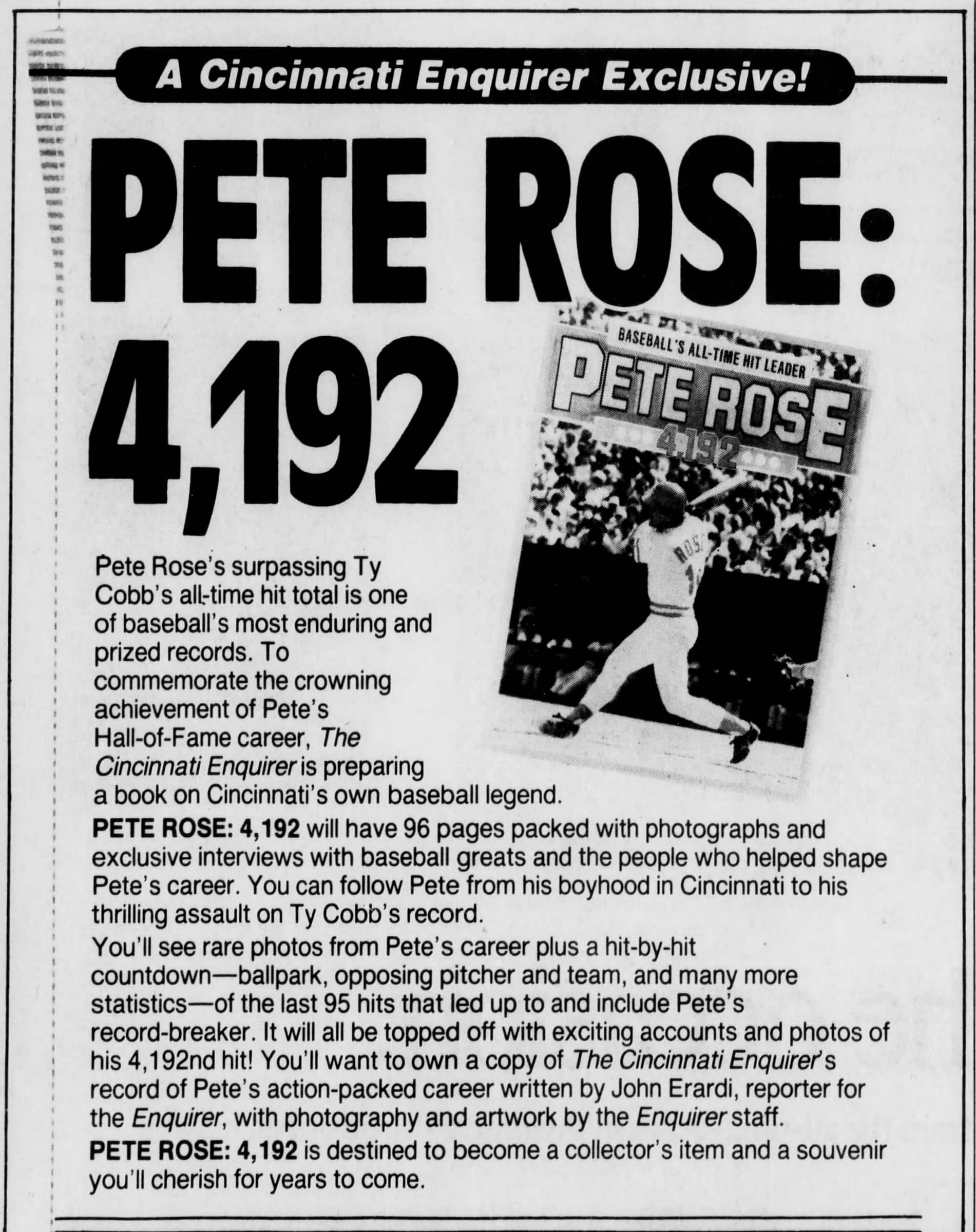 “PETE ROSE: 4,192” — The Cincinnati Enquirer, September 1985. The official number, passed 57 years to the day after Cobb's final at-bat.