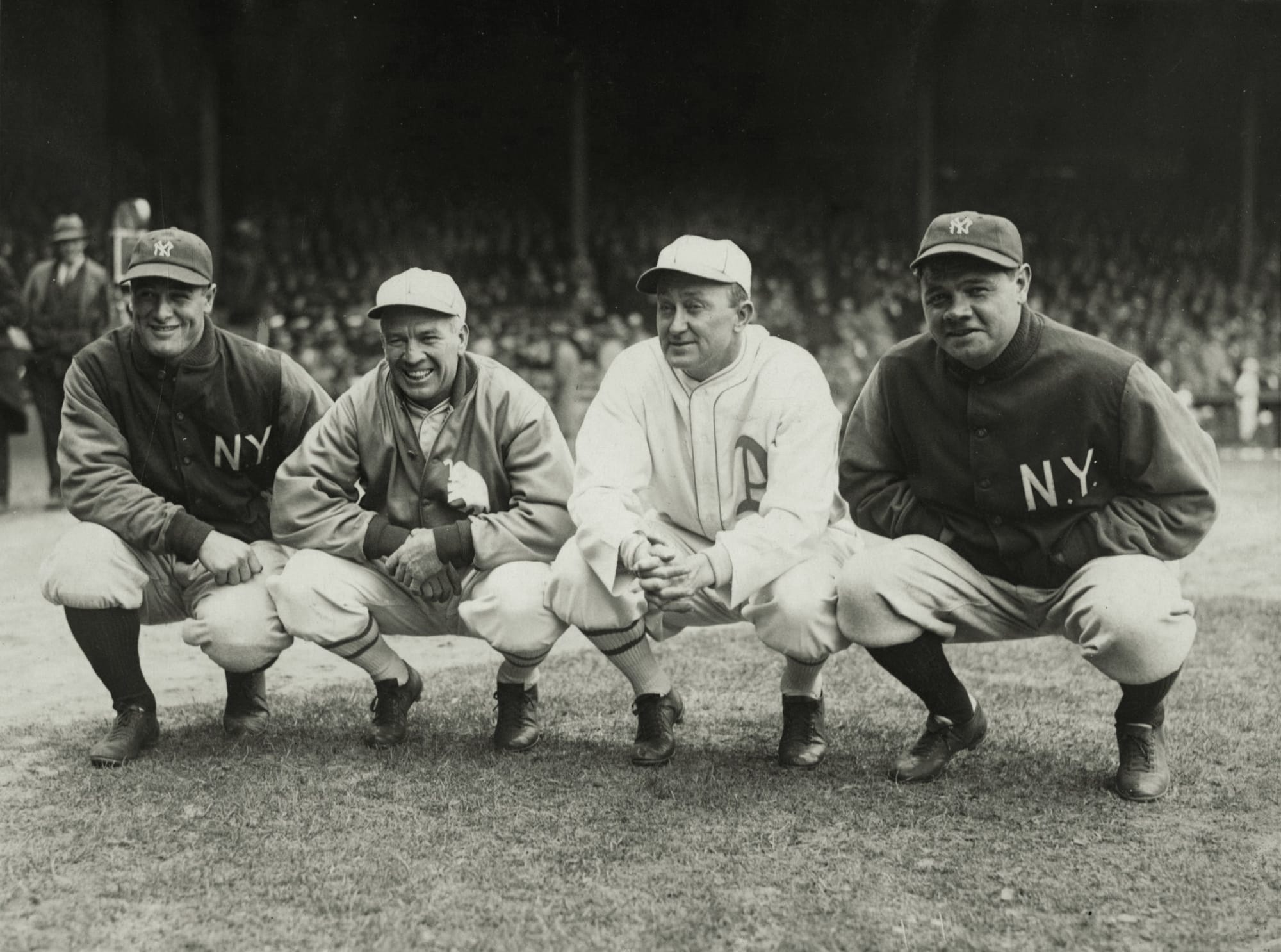 The strangest sight of the late 1920s: Cobb in Athletics colors, alongside Babe Ruth and Lou Gehrig.