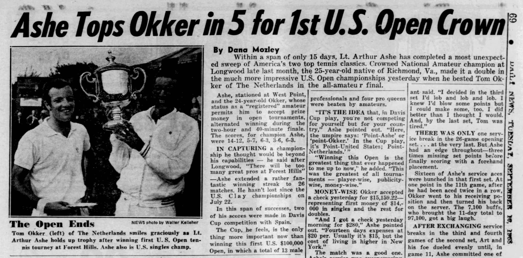 “Ashe Tops Okker in 5 for 1st U.S. Open Crown” — New York Daily News, Sept. 10, 1968. Ashe, quoted in the story: “And I got a check yesterday morning for $280. Fourteen days expenses at $20 per.”