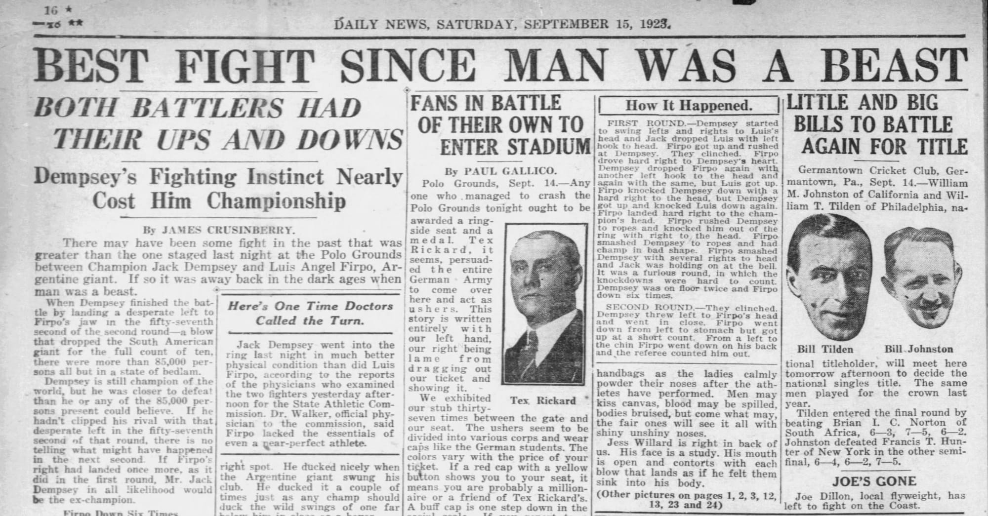 “Best Fight Since Man Was a Beast” — New York Daily News, Sept. 15, 1923. James Crusinberry's lead, Paul Gallico on the 85,000 trying to get in, and a round-by-round that counts Firpo down six times in the first.