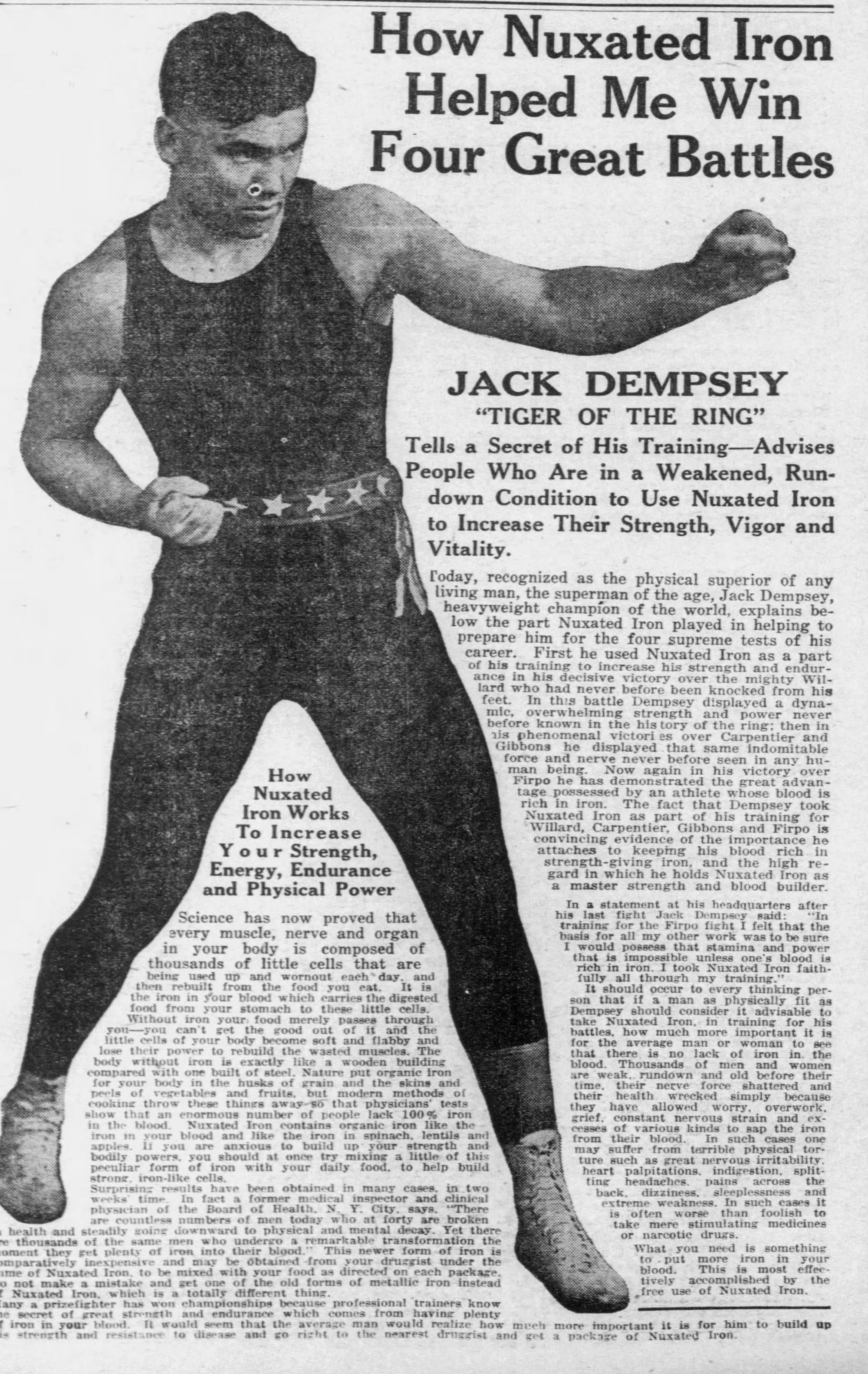 Same paper, same morning: a full-page ad in which the champion credits Nuxated Iron for beating Willard, Carpentier, Gibbons and, as of about ten hours earlier, Firpo.