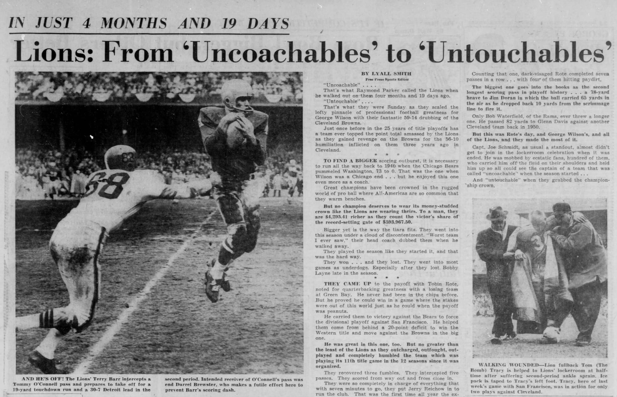 The Detroit Free Press, Dec. 30, 1957, on a 59-14 championship win over the Browns. Nothing since.