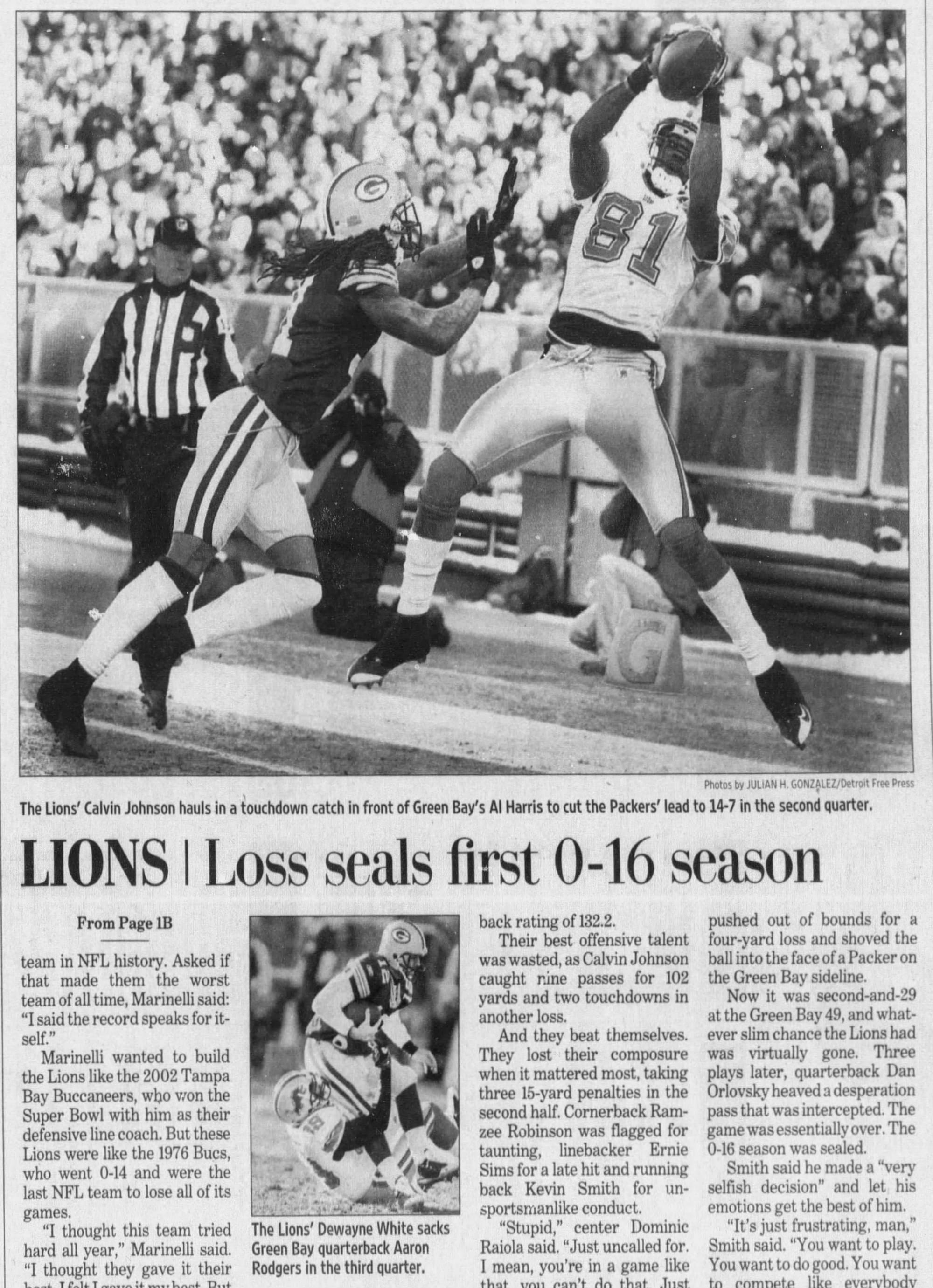 The Free Press sports section of Dec. 29, 2008, the morning after the Lions finished 0-16 at Lambeau Field.
