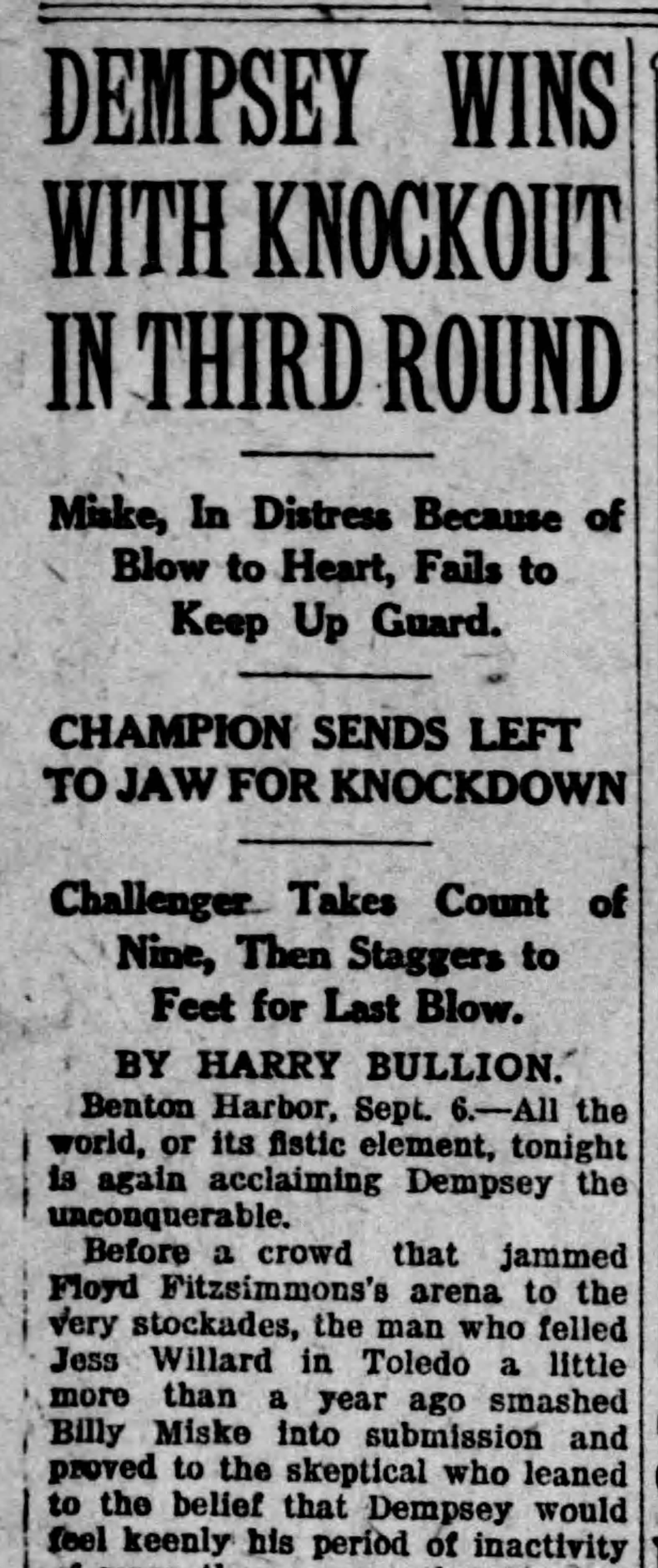 “Dempsey Wins With Knockout in Third Round” — Harry Bullion, Detroit Free Press, Sept. 7, 1920. The Free Press covered it by wire; its rival, the News, had read it over the air the night before.