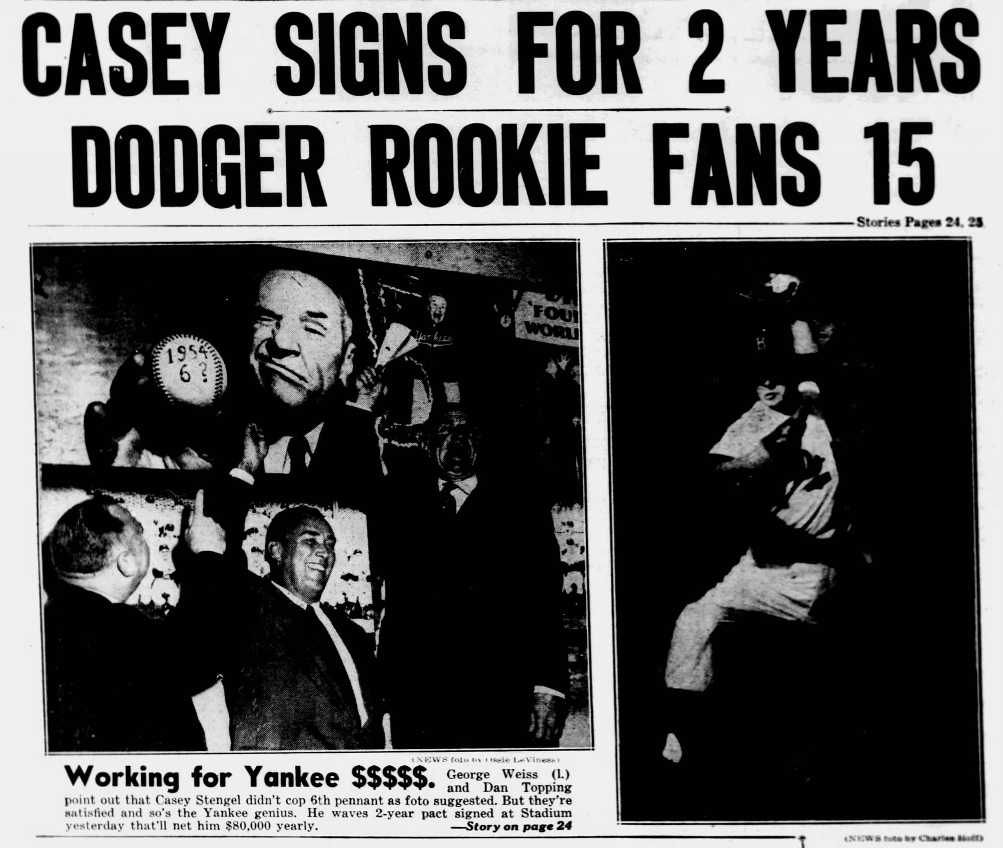 “Dodger Rookie Fans 15” — New York Daily News back page, Sept. 23, 1954. Spooner shared it with Casey Stengel's new 2-year Yankees contract.