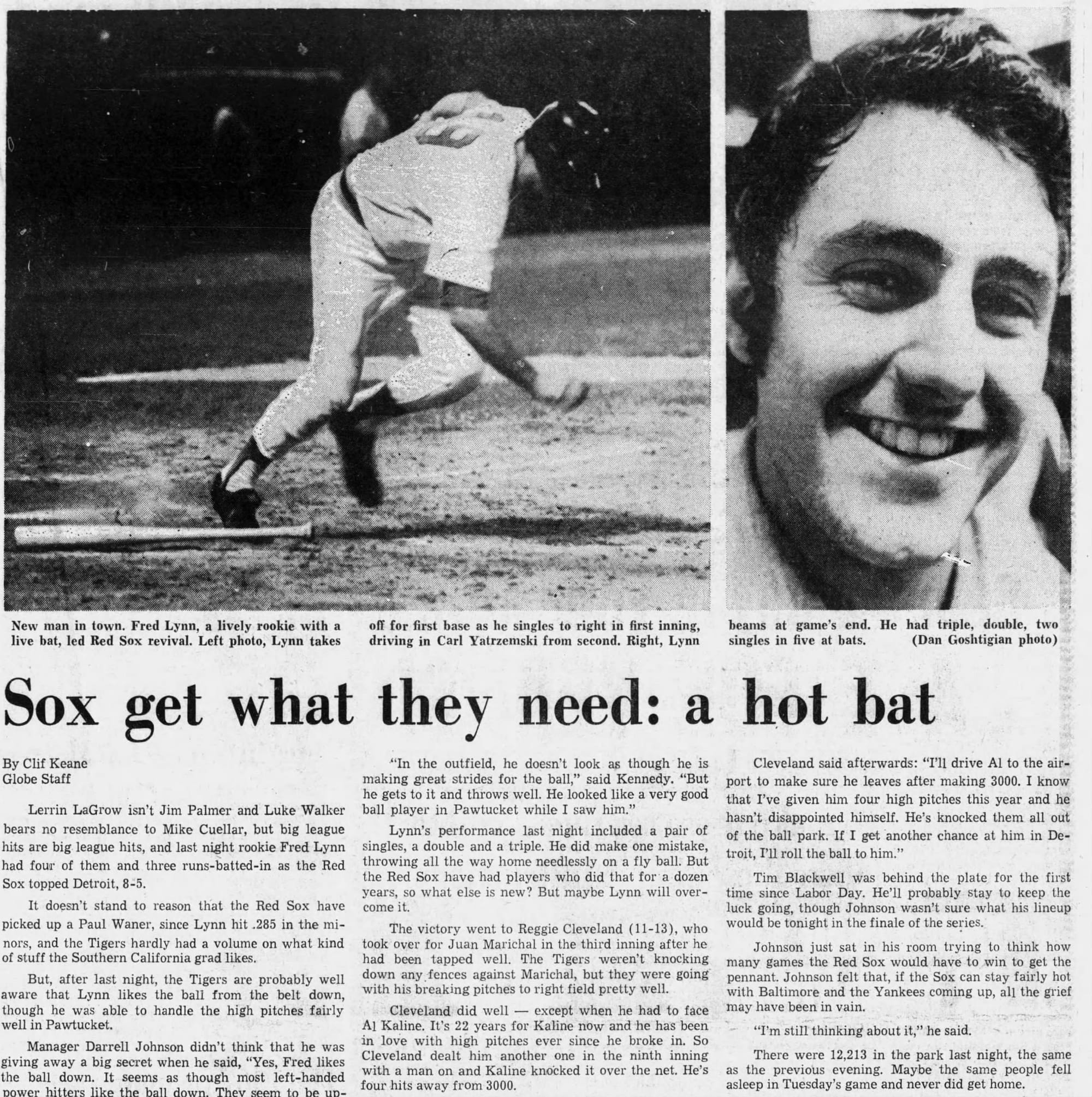 “Sox get what they need: a hot bat” — Boston Evening Globe, Sept. 19, 1974. Triple, double, two singles in five at-bats for the “new man in town.”