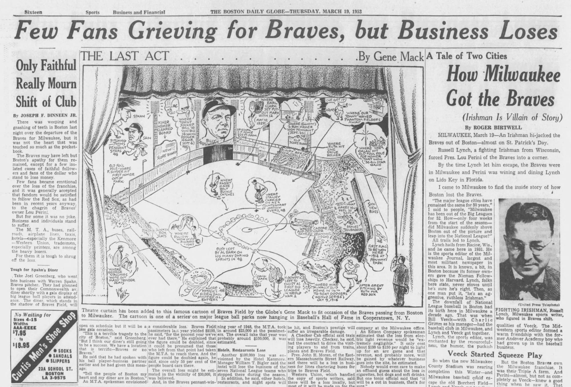 “Few Fans Grieving for Braves, but Business Loses” — Boston Globe, March 19, 1953, with Gene Mack's farewell cartoon of Braves Field, “The Last Act.” The first franchise move in 50 years, six months after Mize closed the set.