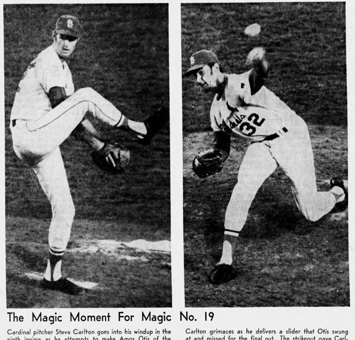 The 19th strikeout, as the St. Louis Post-Dispatch ran it on Sept. 16, 1969: Carlton's windup, and the slider Amos Otis swung through. (AP photos via the Post-Dispatch.)