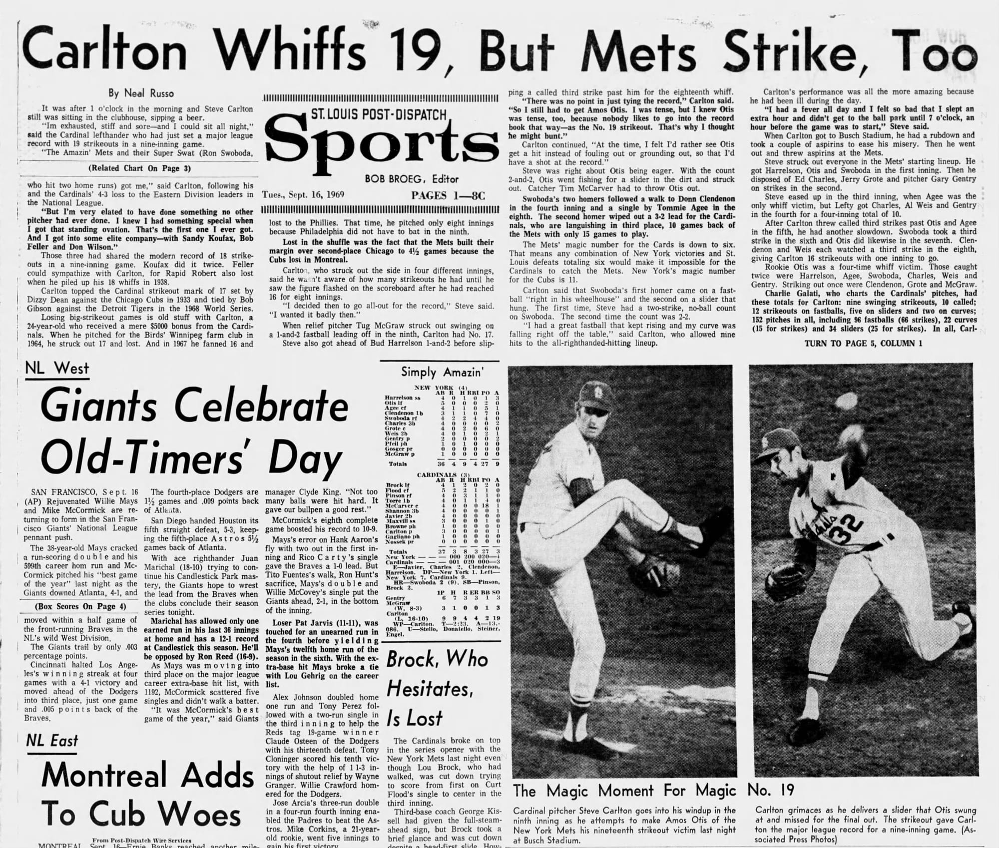The full Post-Dispatch sports front of Sept. 16, 1969, box score included.