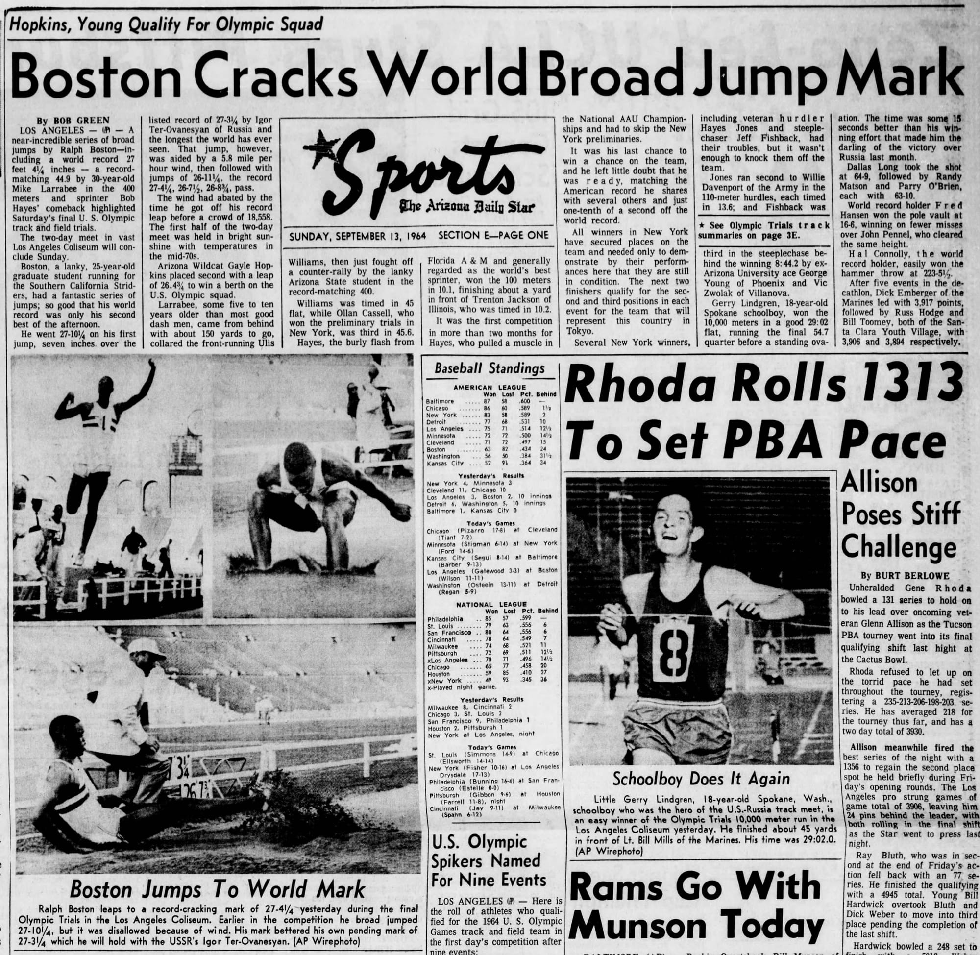 “Boston Cracks World Broad Jump Mark” — AP, in the Arizona Daily Star, Sept. 13, 1964. A “lanky 25-year-old graduate student running for the Southern California Striders,” 18,558 in the Coliseum, and the 27-10¼ that a 5.8-mph wind took away.