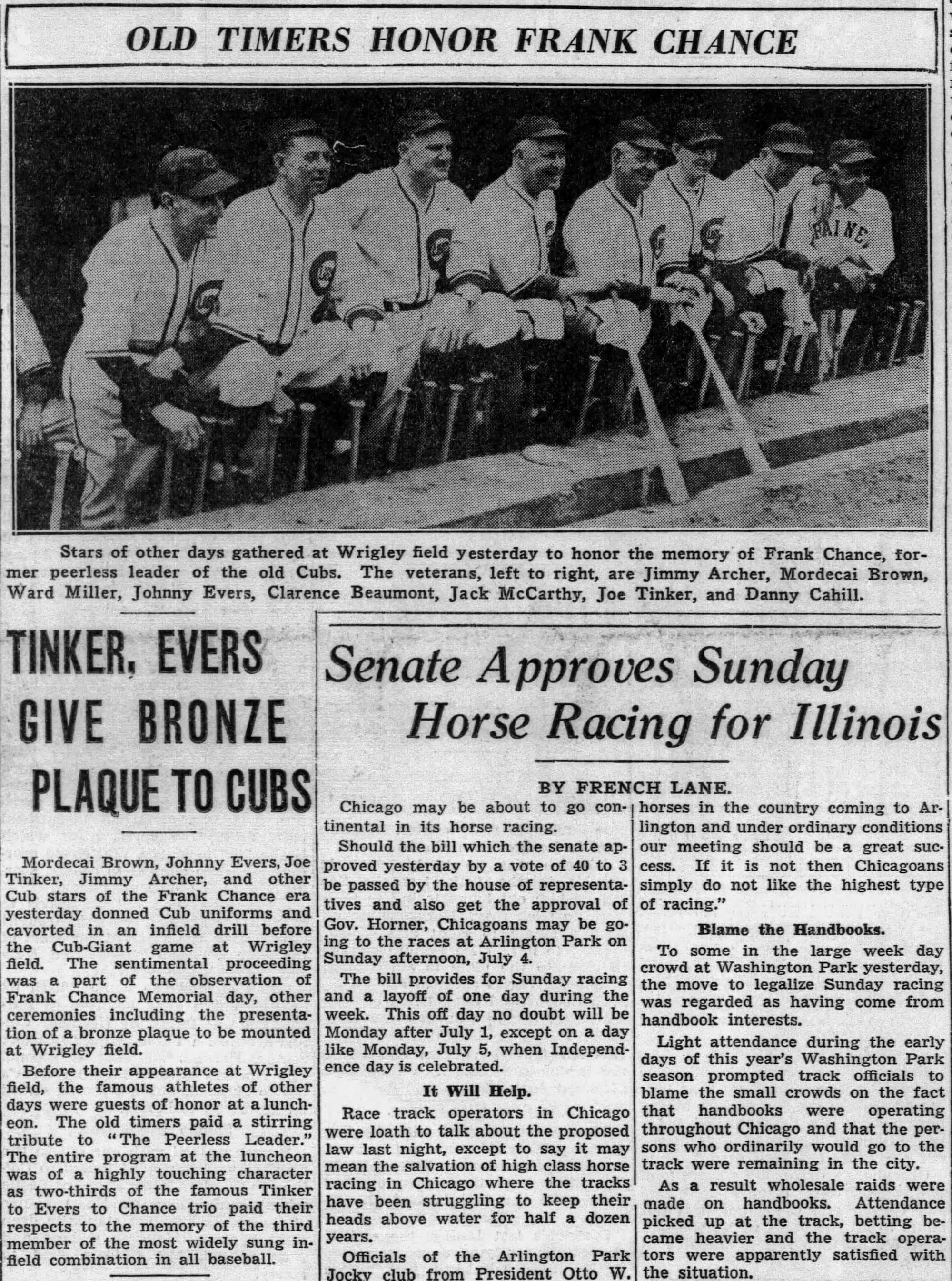 “Old Timers Honor Frank Chance” — Chicago Tribune, June 24, 1937. Evers and Tinker are fourth and seventh from left on the rail; the Tribune noted “two-thirds of the famous trio” had paid their respects to the third.