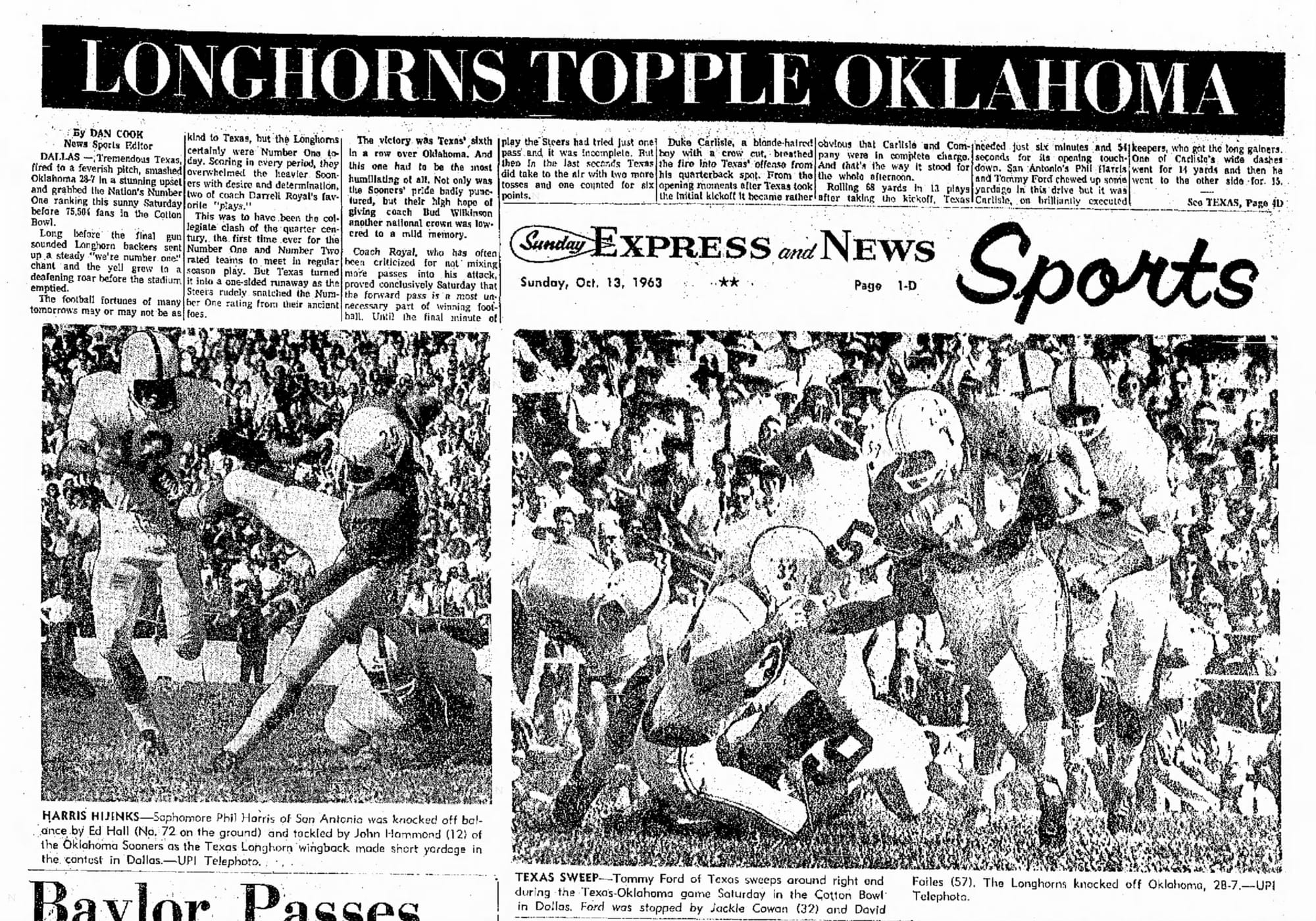 “Longhorns Topple Oklahoma” — San Antonio Express and News, Oct. 13, 1963: Tommy Ford sweeps right end.